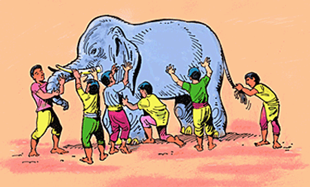 6 blind men describe an elephant. Who sees the whole beast?
