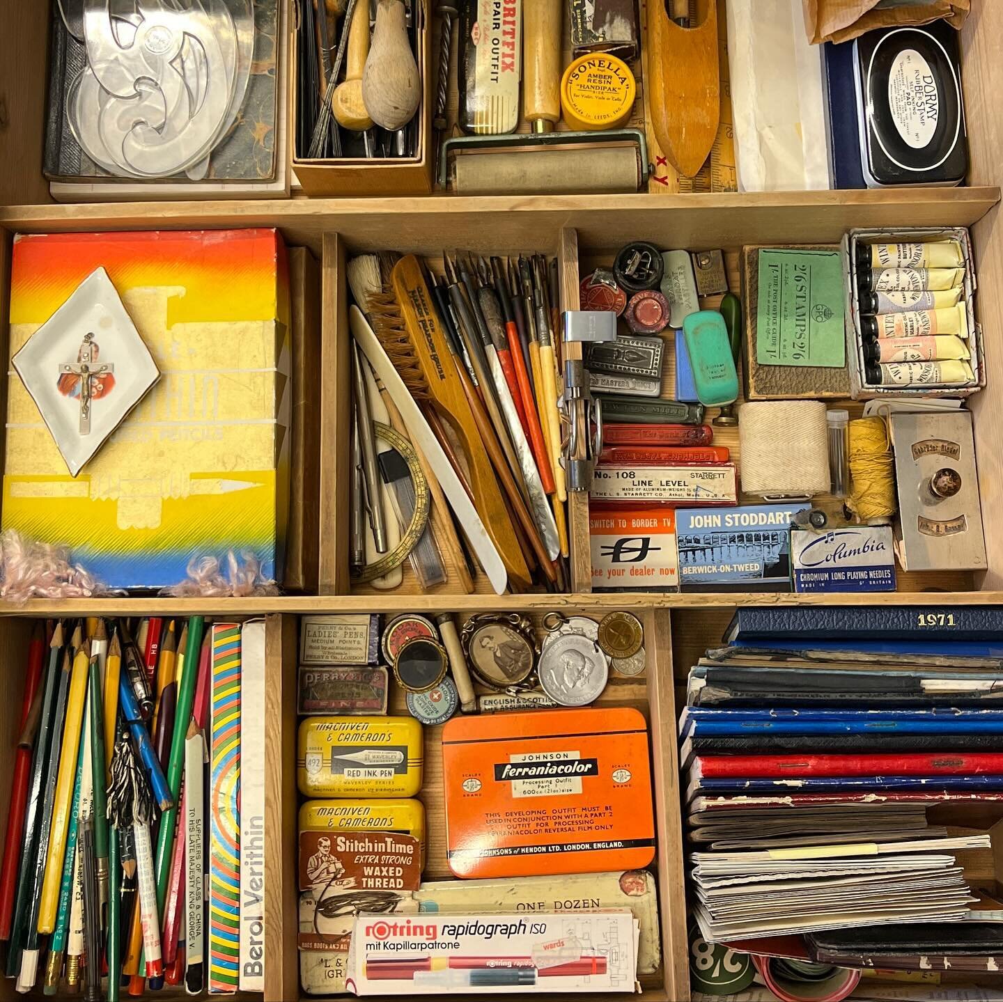 Top drawers of my plan chest. Filled with old items of stationery and ephemera. I have no real use for all these bits but I&rsquo;m always drawn to boxes filled with pens and pencils, nibs and boxes. 

I think in my mind one day I&rsquo;ll be called 