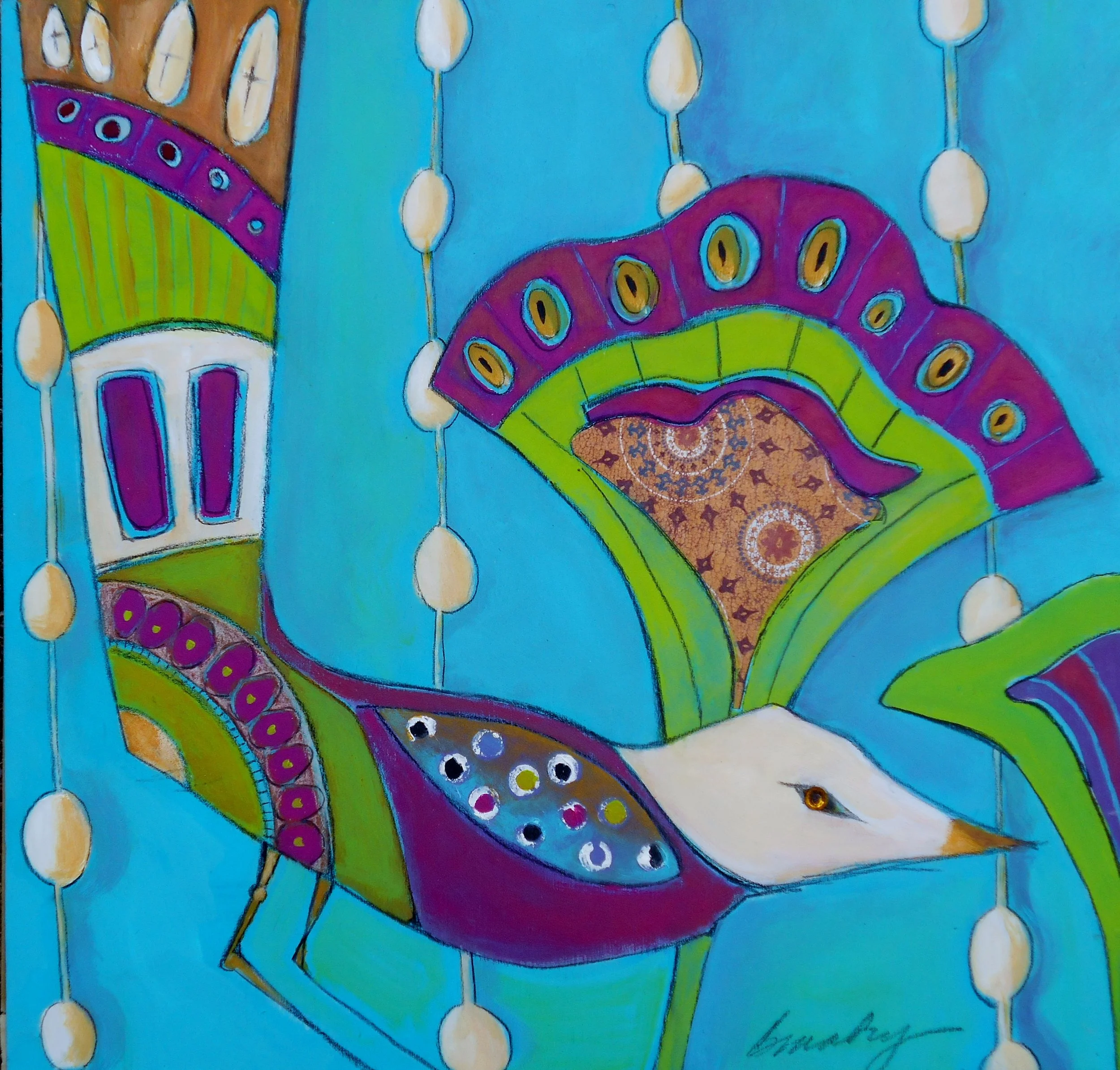  Magenta Bird-framed 12" x 12" Mixed Media/wood panel 