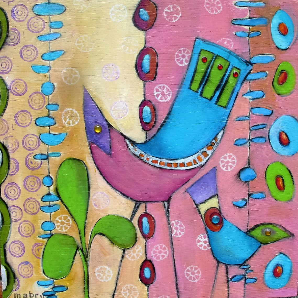  Pink Birds-framed 12" x 12" Acrylic/wood panel 