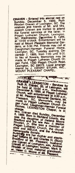 Obituary notices of Ruth's death that ran in local newspapers.