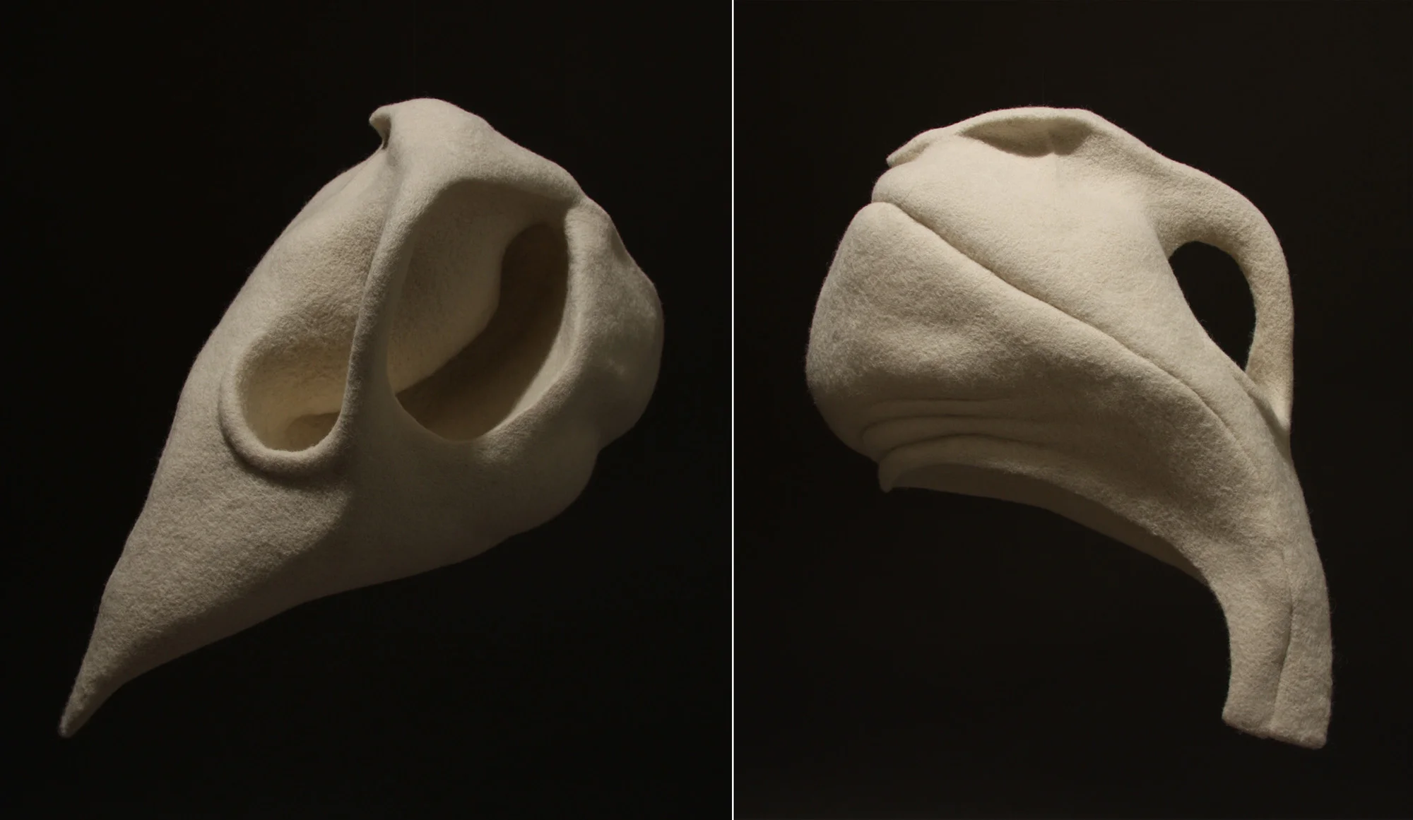 Flesh & Bone Study #6 (Hanging Half Skull) , wool and industrial felt, 18" x 12" x 21", 2013. Private collection.