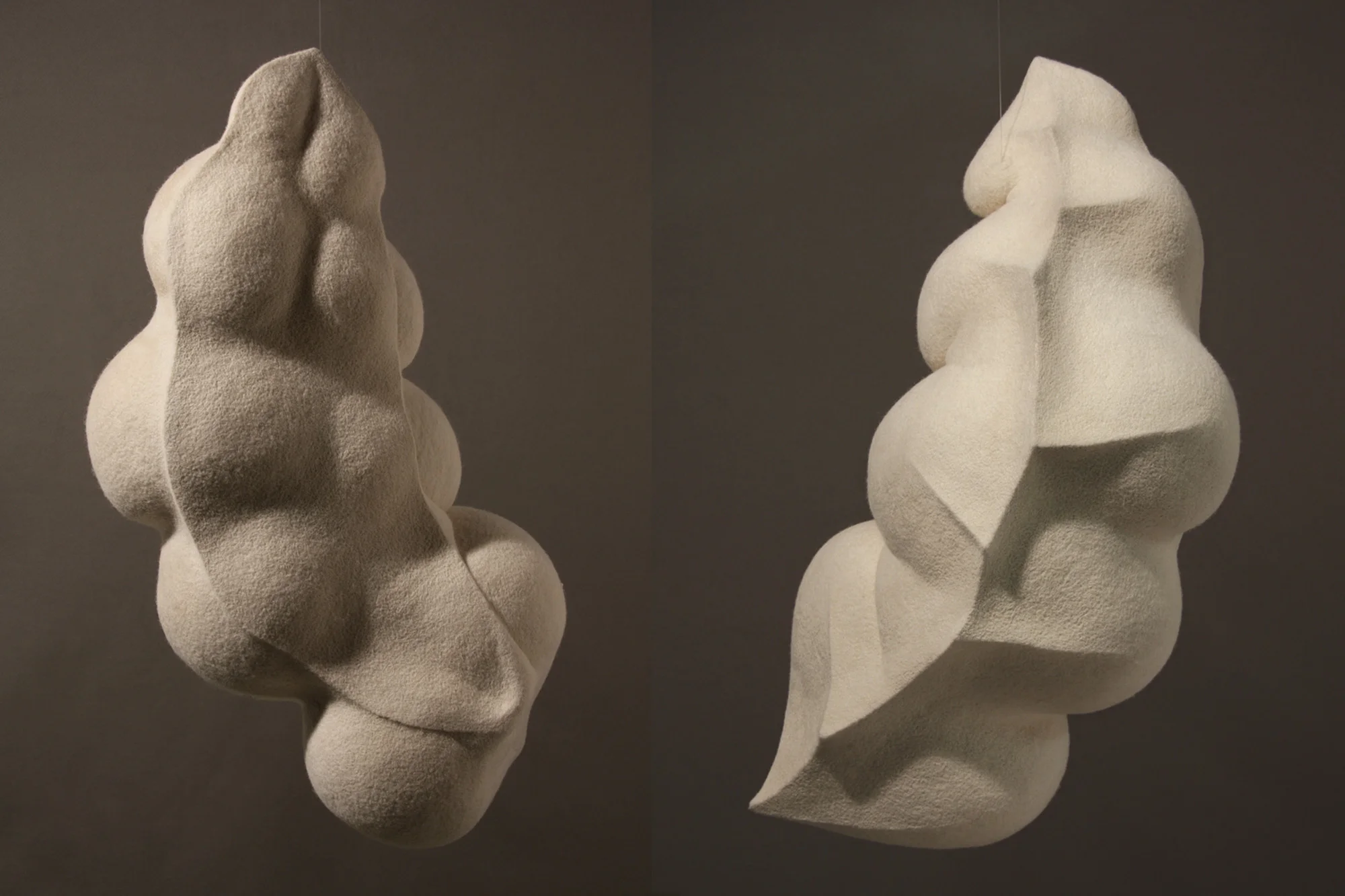 Large Flesh & Bone #4 (Hanging Pod) , wool, industrial felt, and polyurethane foam, 30” x 12” x 16”, 2015