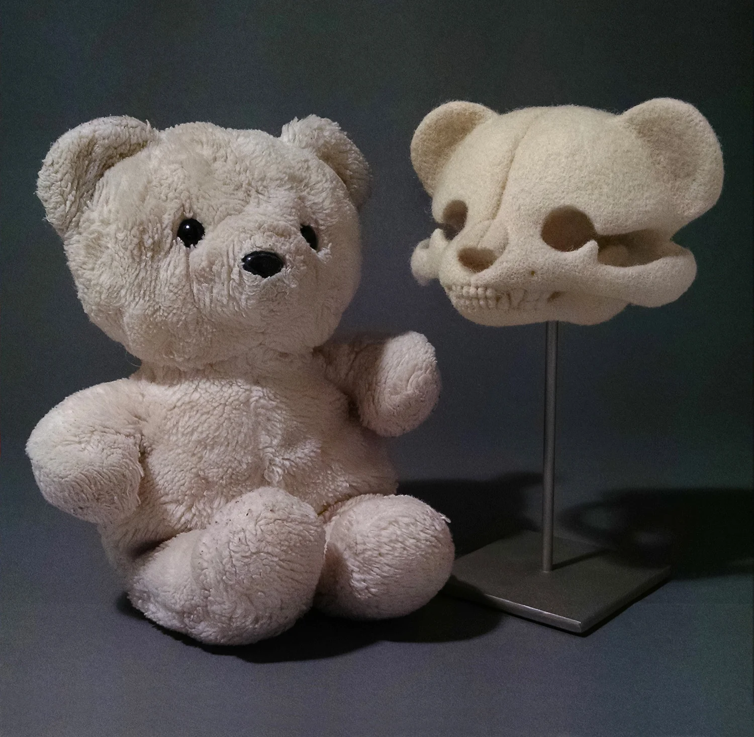 Ursulus melias and source teddy bear 'Melia'; wool on steel stand, 4.25" x 6" x 5.5", 2015. Commissioned piece.
