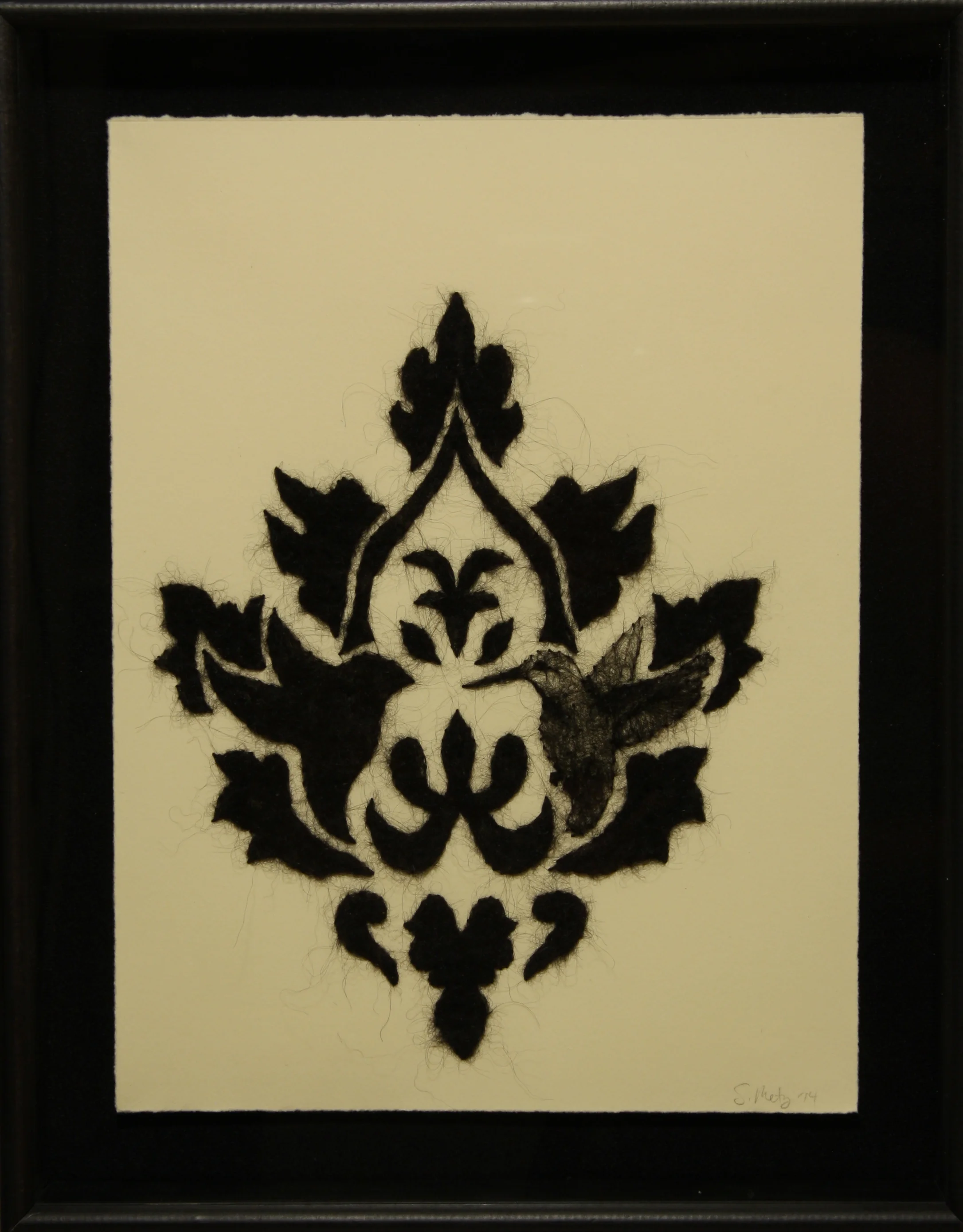 Damask Hummingbird , wool through paper, 12" x 9", 2014.