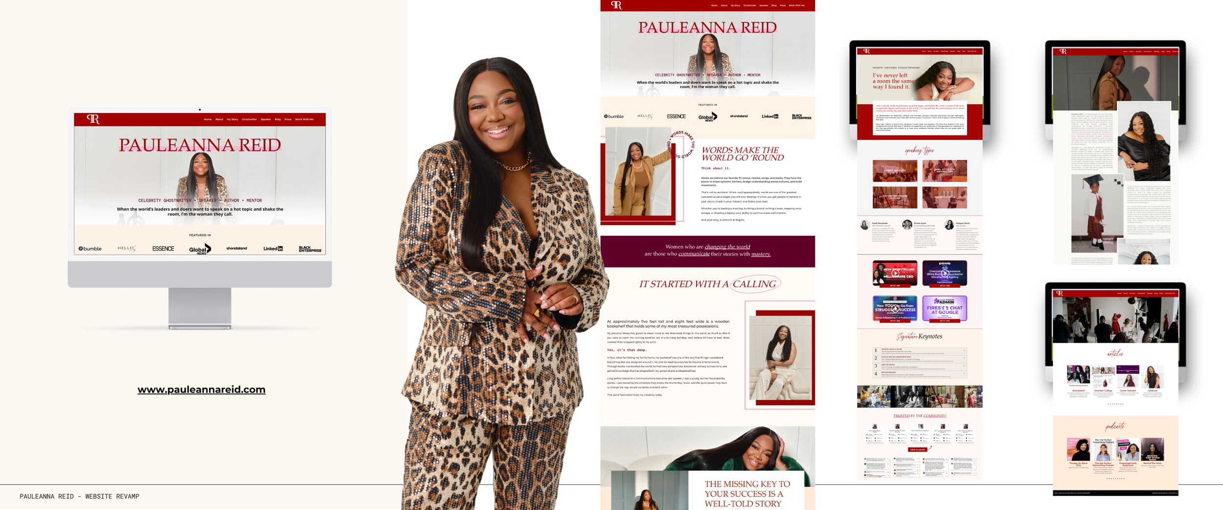 Screenshot of Pauleanna Reid's website, featuring her portrait and multiple webpage layouts showcasing her biography, articles, and media appearances.