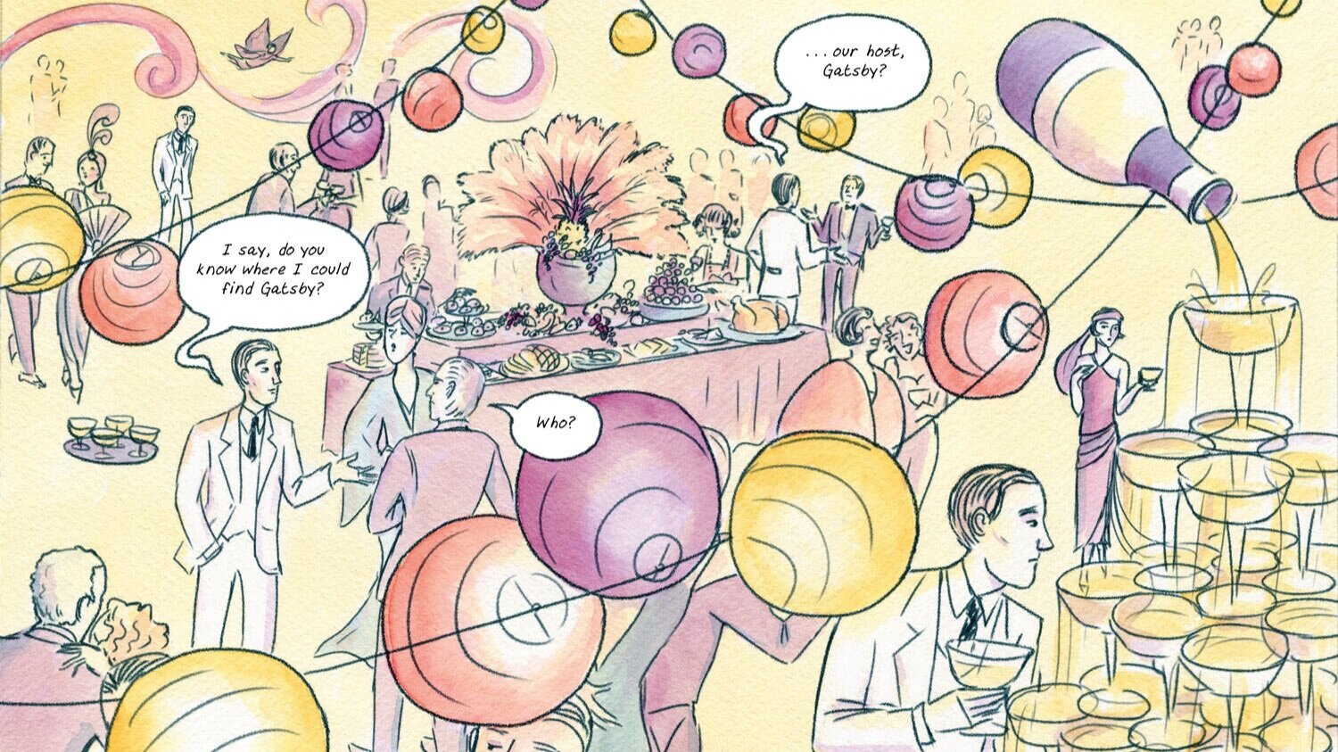 Jay Gatsby's epic party in The Great Gatsby: A Graphic Novel Adaptation by K. Woodman-Maynard
