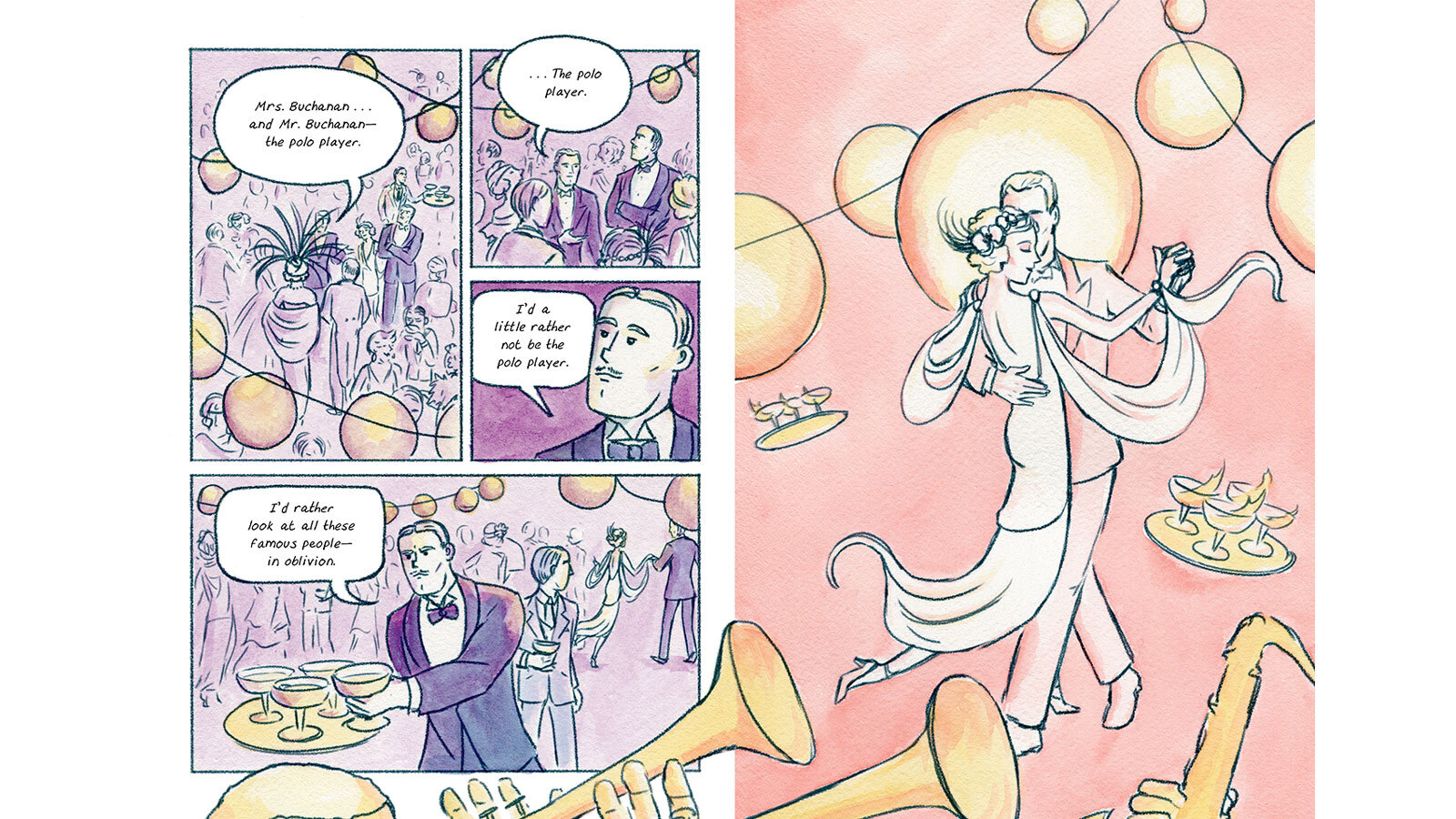Party scene from The Great Gatsby: A Graphic Novel Adaptation by K. Woodman-Maynard.