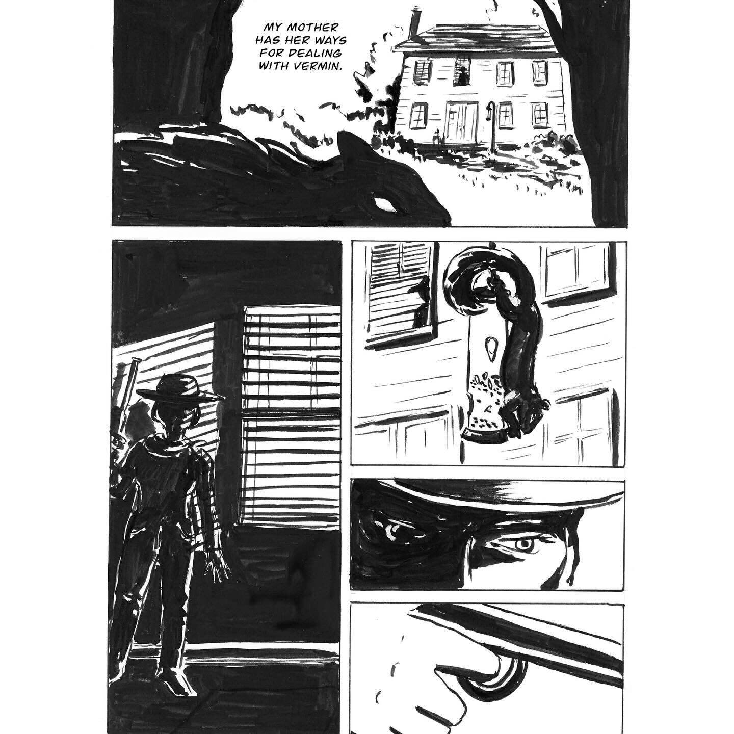 Happy birthday to my dear mother who often surprises me in a good way&mdash;like how she deals with squirrels!
🐿️ 
I made this comic a few years ago when experimenting with using heavy ink and the noir style. 
🖌️
#autobiocomic #comicartist #inkdraw