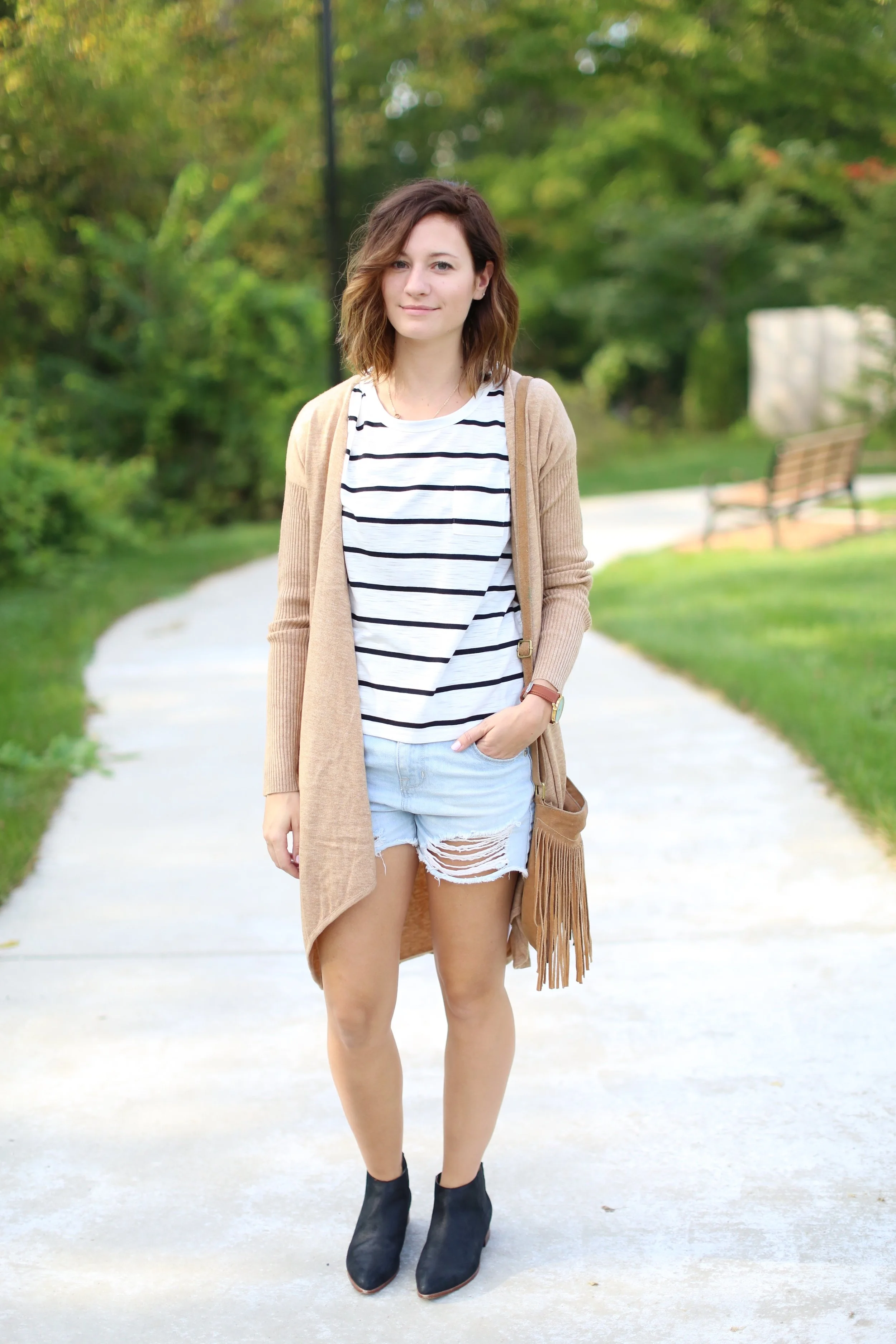 Black and White Stripes | Long Cardigan | Distressed Jeans | Katelyn Now