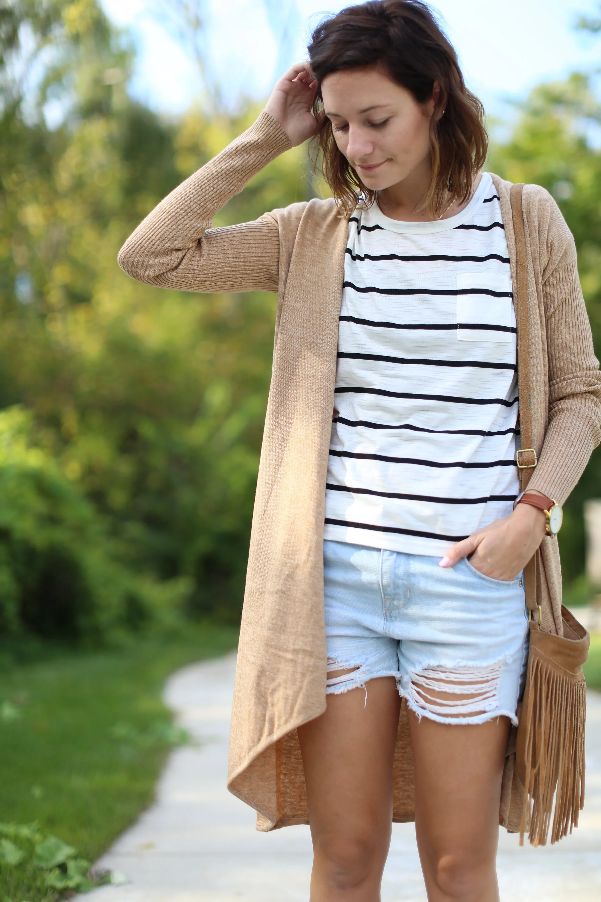 Black and White Stripes | Long Cardigan | Distressed Jeans | Katelyn Now