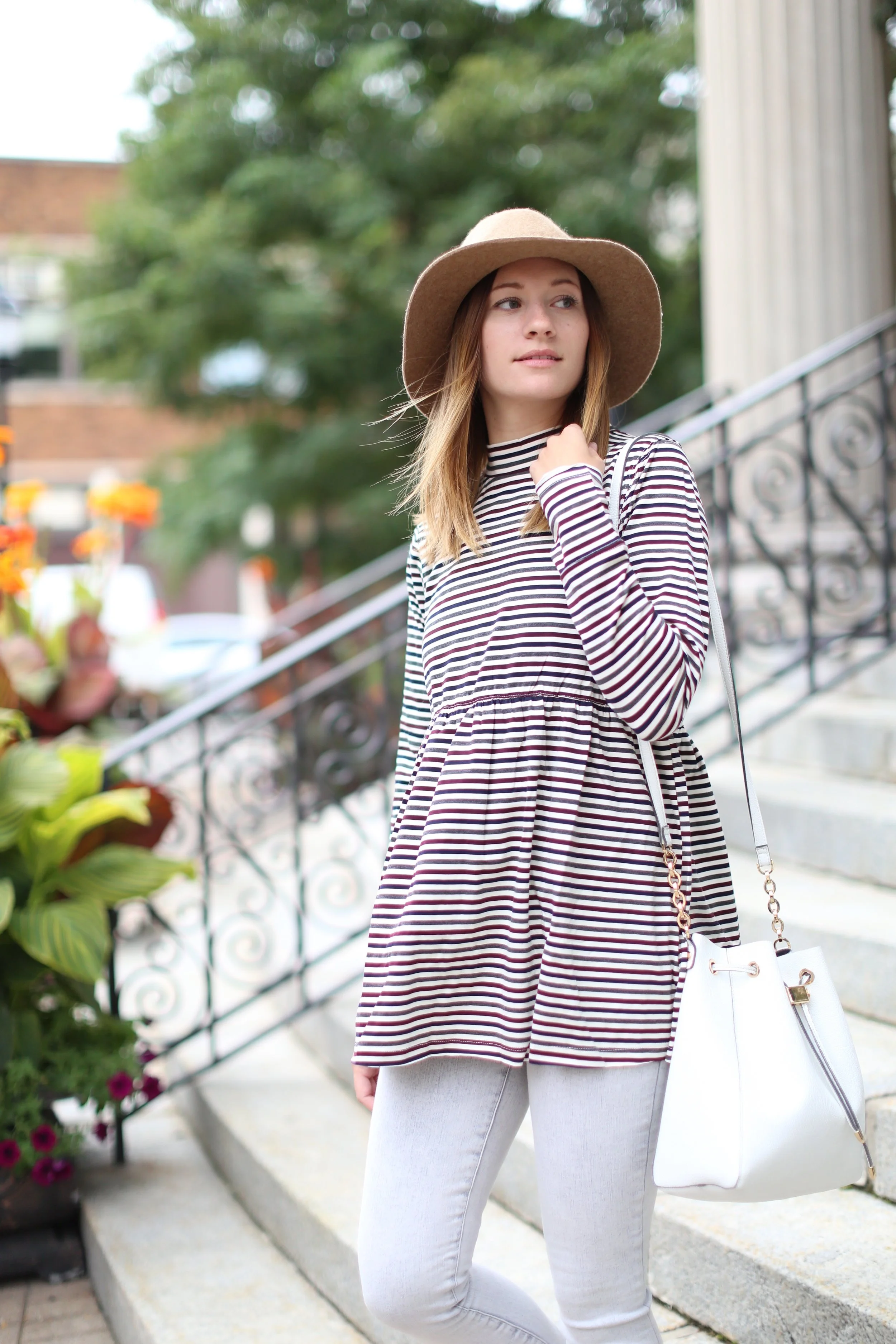 Striped Babydoll Top + Grey Jeans + Felt Hat | Katelyn Now