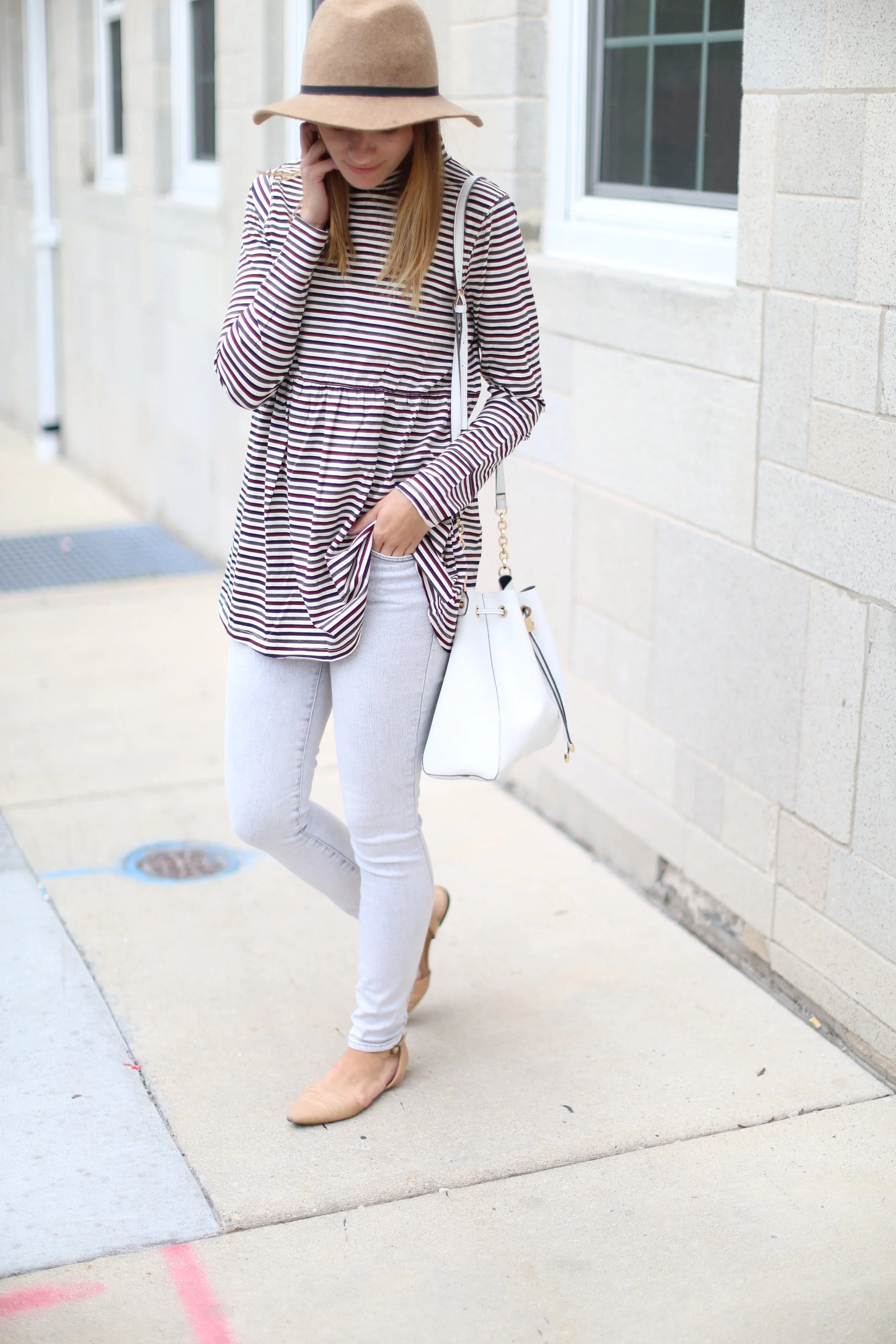 Striped Babydoll Top + Grey Jeans + Felt Hat | Katelyn Now
