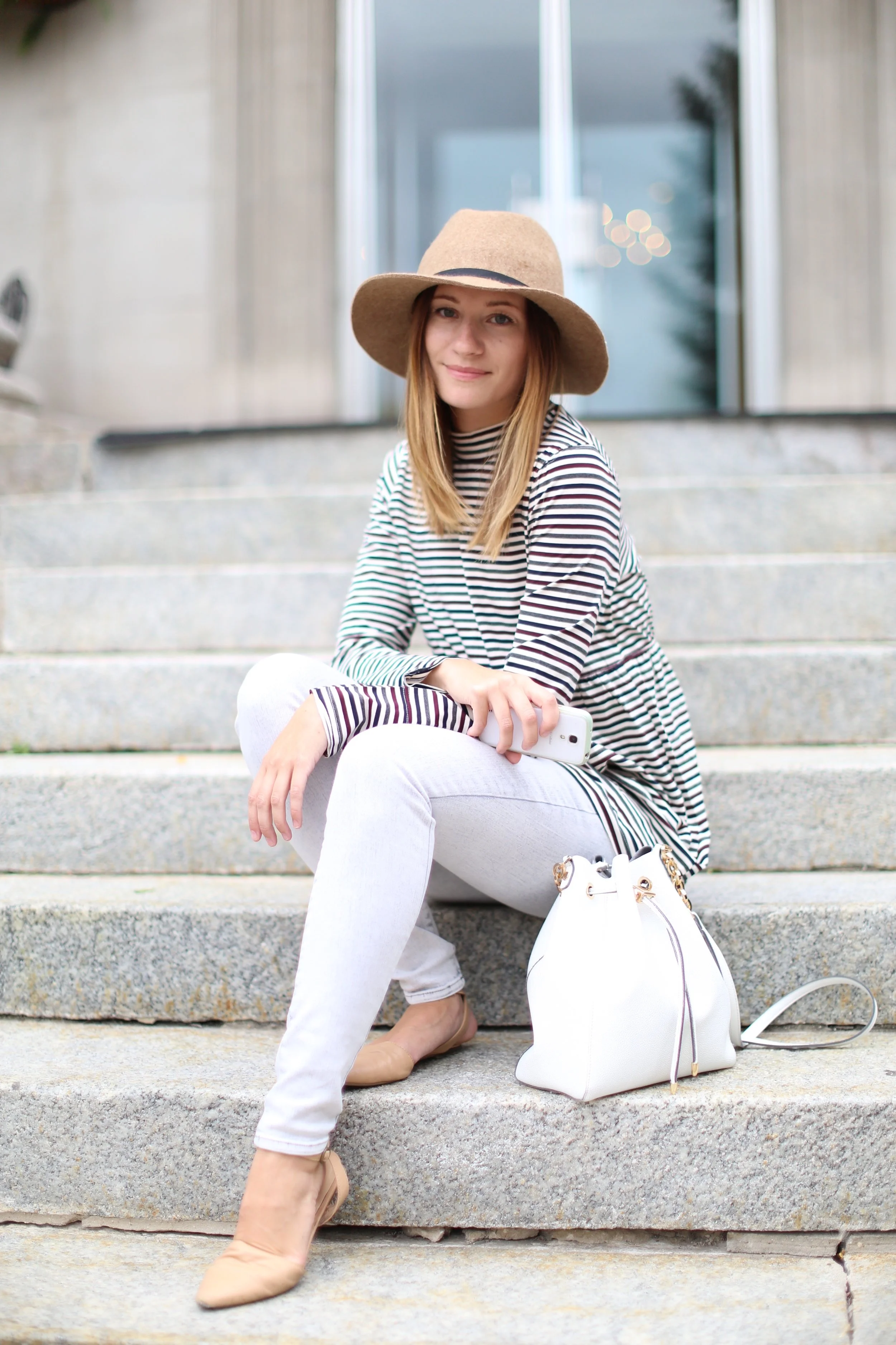 Striped Babydoll Top + Grey Jeans + Felt Hat | Katelyn Now