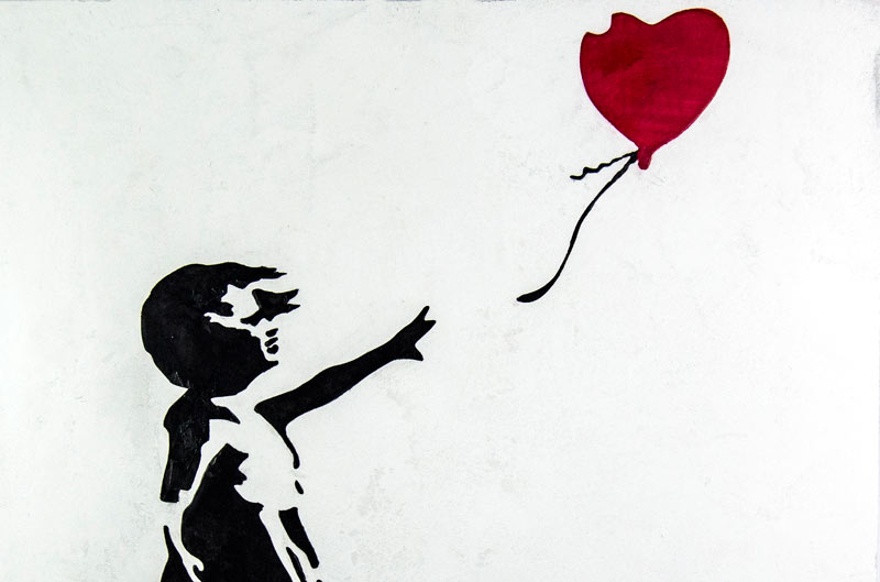 Marmorino white background, black stucco & wax with red stucco T214 Banksy hope balloon girl