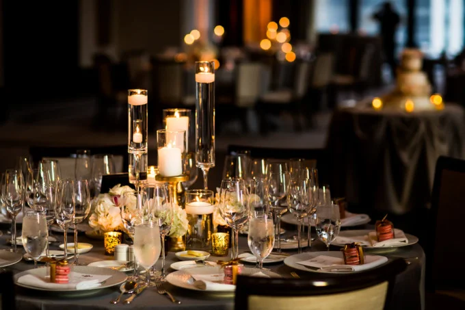 24. Langham Chicago Wedding. Steve Koo Photography. Sweetchic Events. Revel Door. Collection centerpiece. Gold Julep Buv Vases. Pillar Candles. Hydrangea. Roses. Gold. Pink.