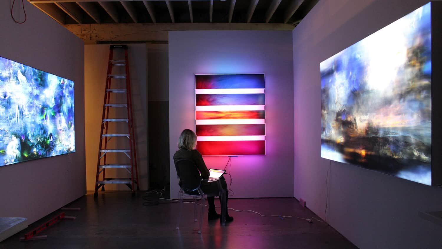 Maja Petric setting up her light installations at Winston Wächter Fine Art Gallery.