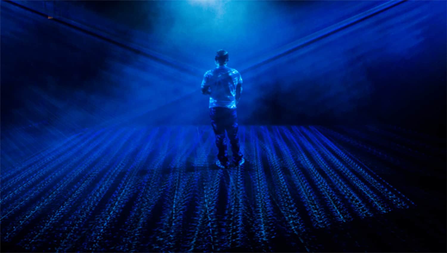 A visitor immersed in the one of the states of nature created through blue light and fog.