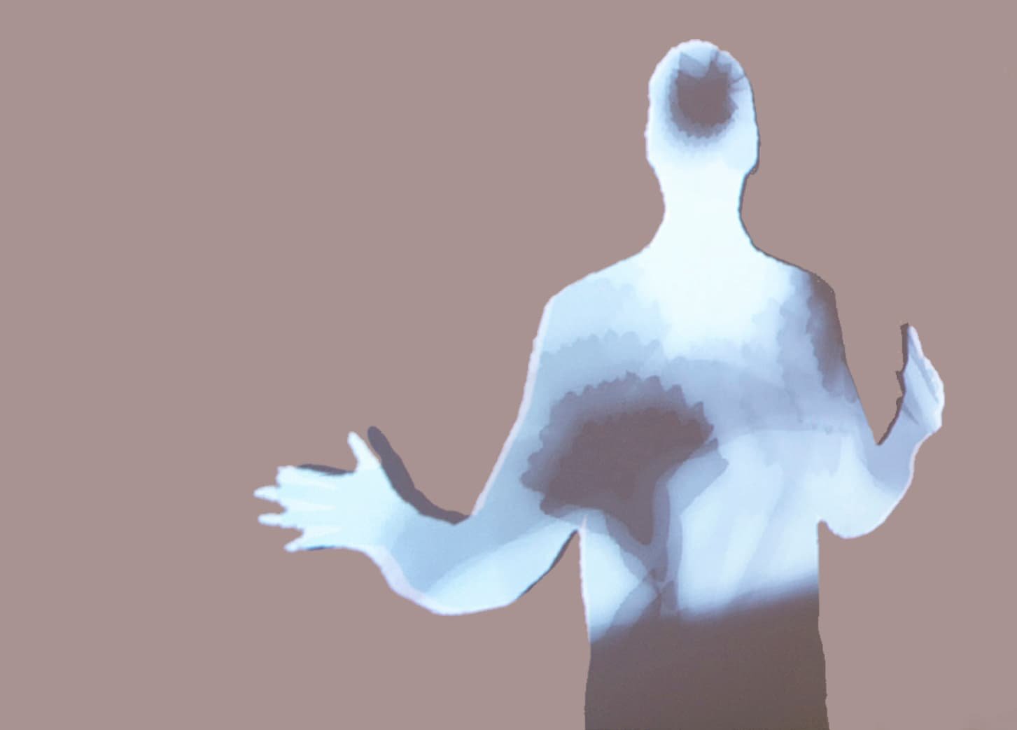 An inverted shadow of a visitor projected onto the wall through video projections.