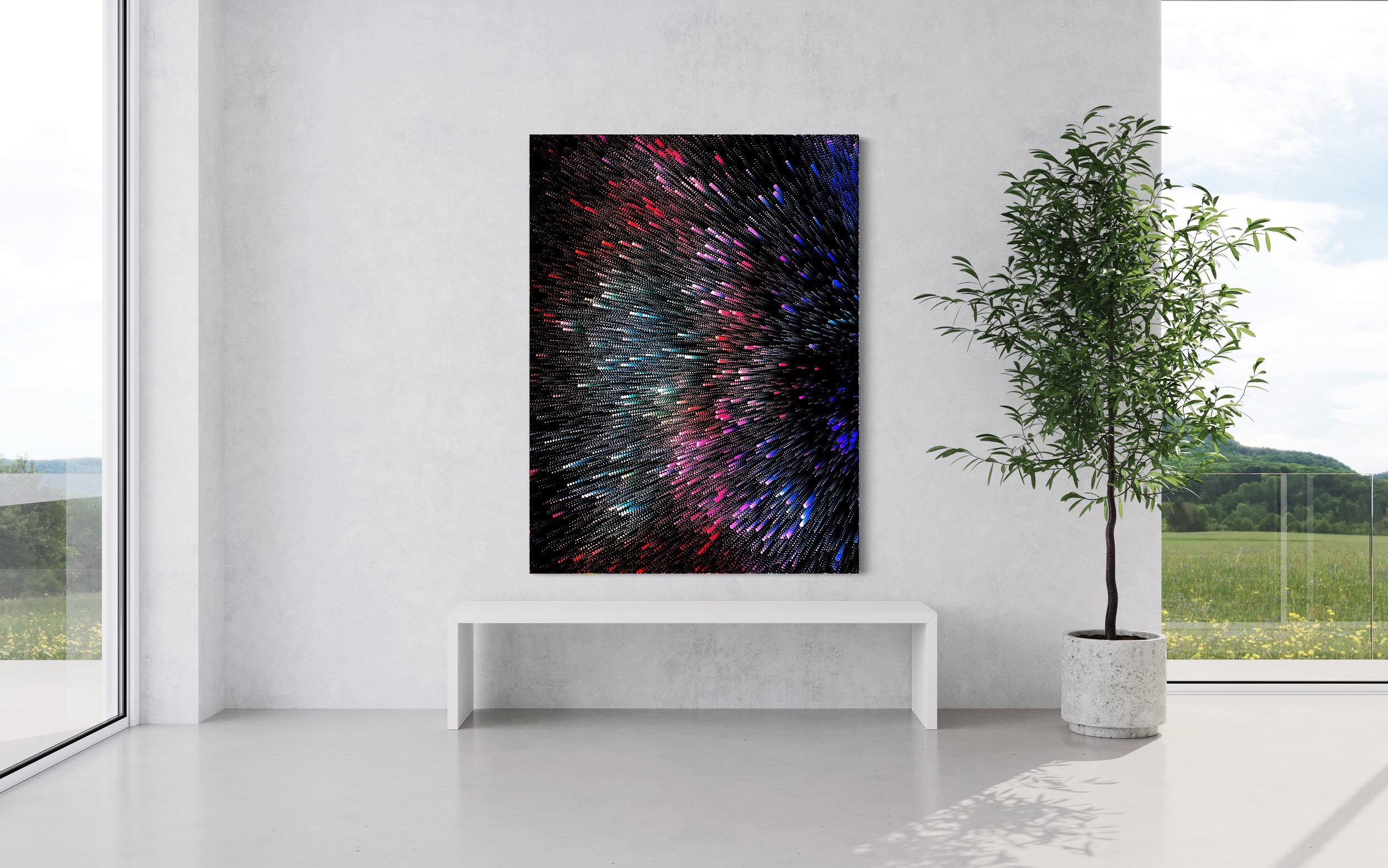 Front view of the series of dynamic lenticular print being displayed on a wall.