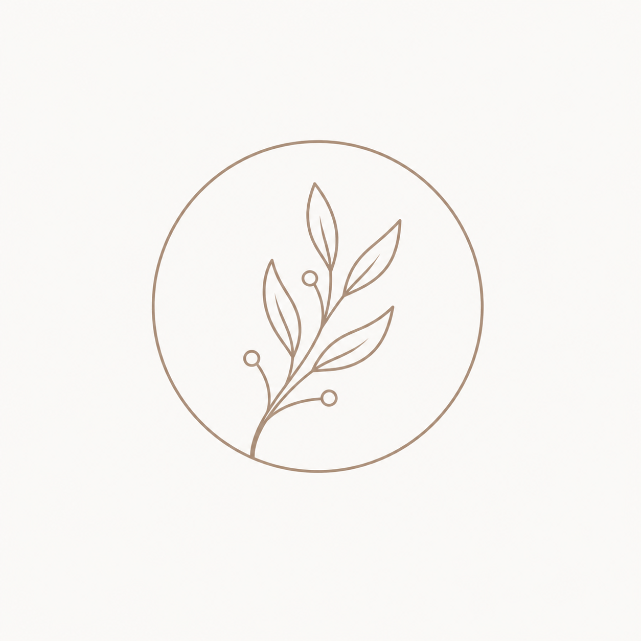 Minimalist line drawing of a leafy branch inside a circle.