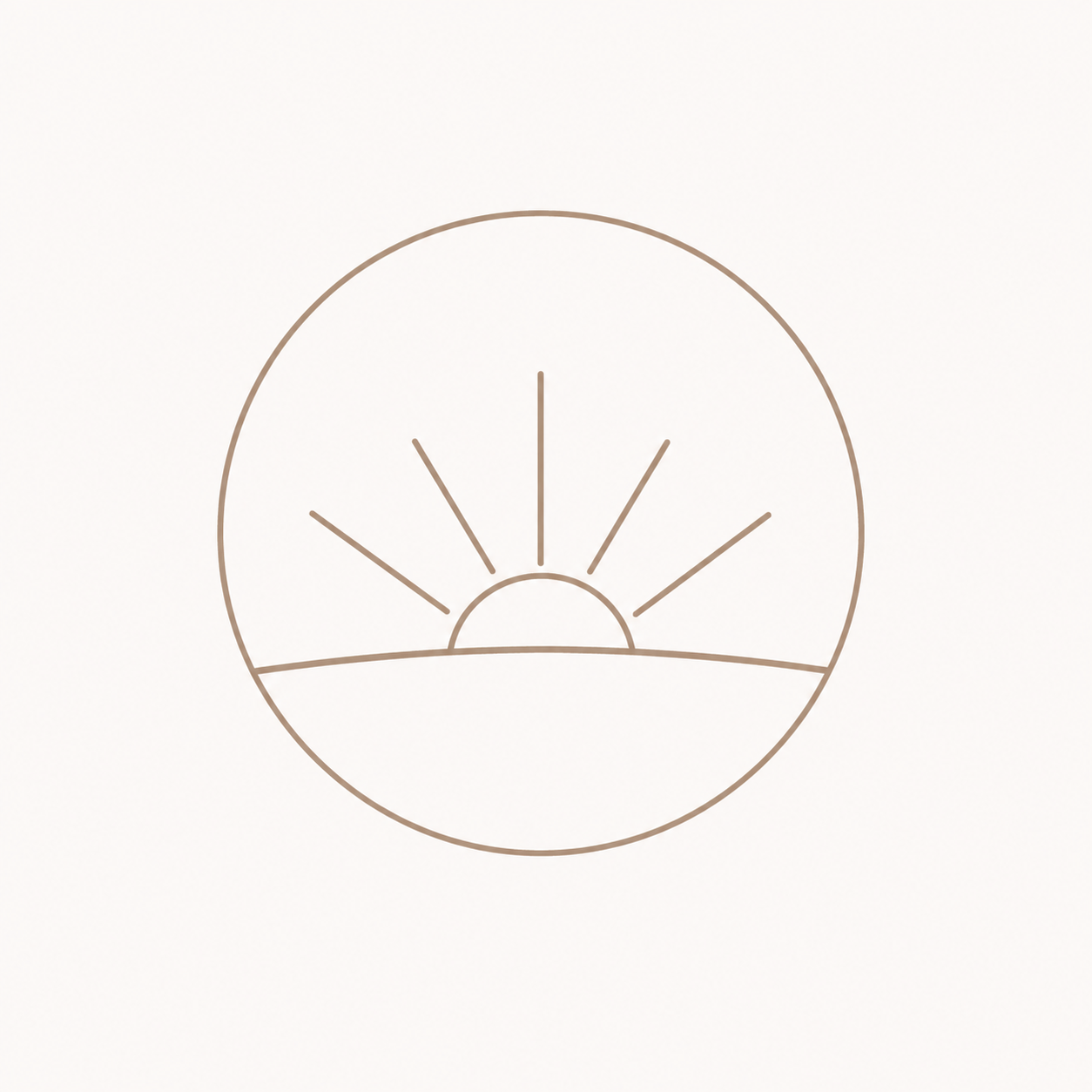 Simple line drawing of a sunrise or sunset over a horizon, with rays emanating from the sun.