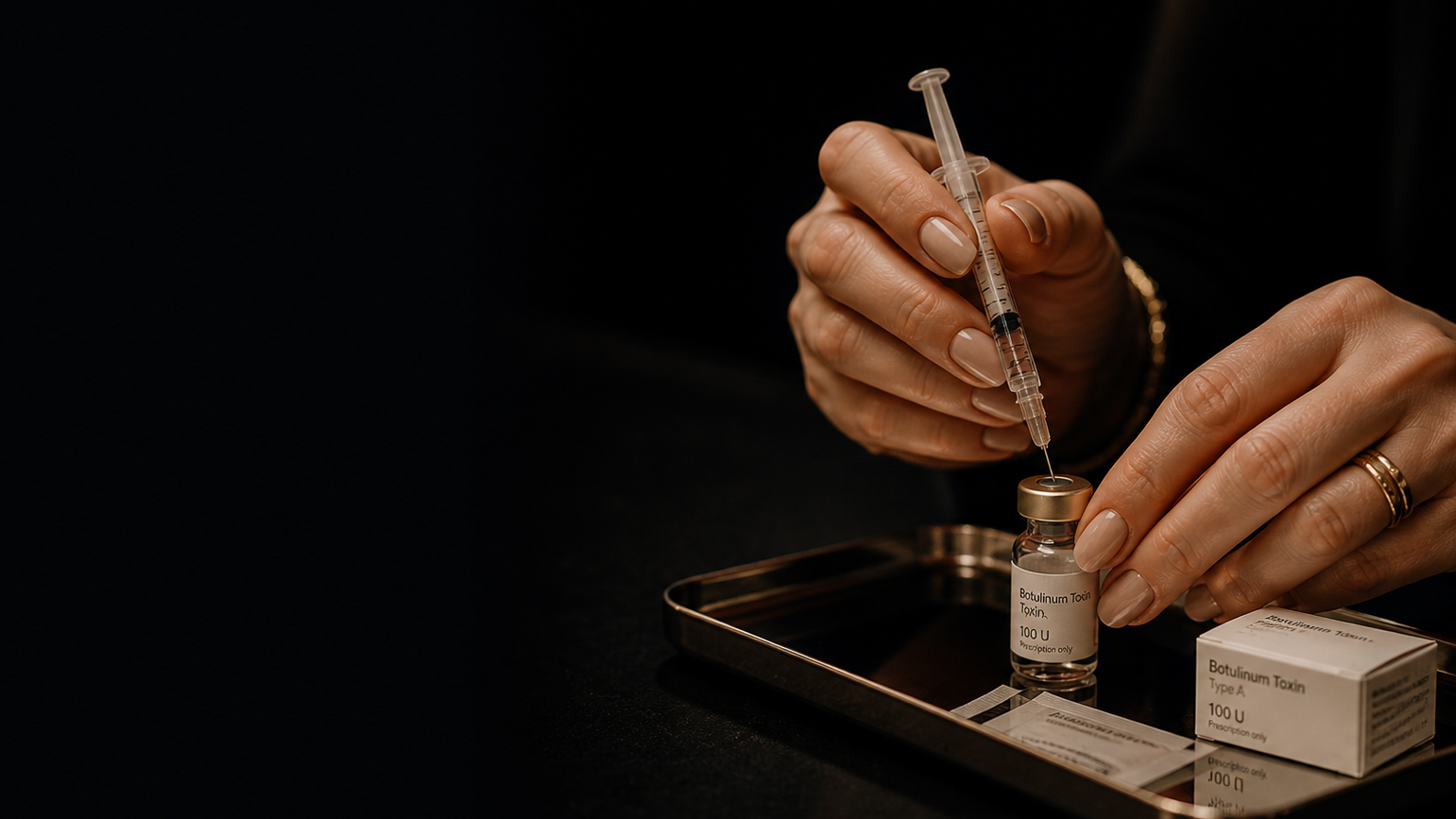 Hands drawing Botox toxin from a vial with a syringe, on a black surface with a box of Botox toxin nearby.