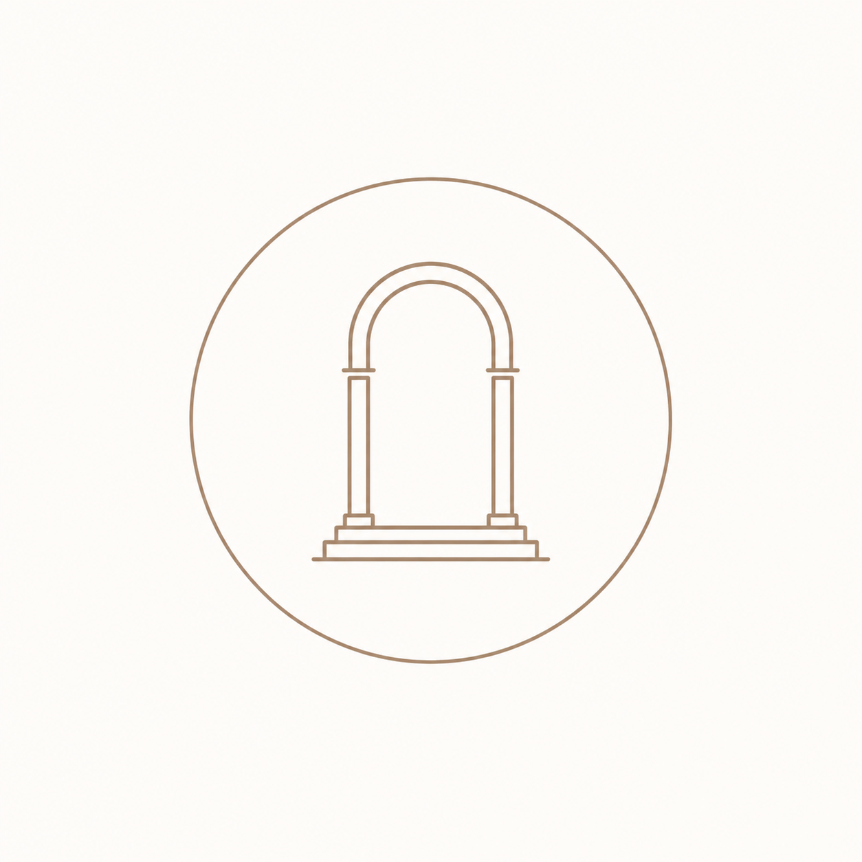 Line drawing of an archway with steps, enclosed in a circle.
