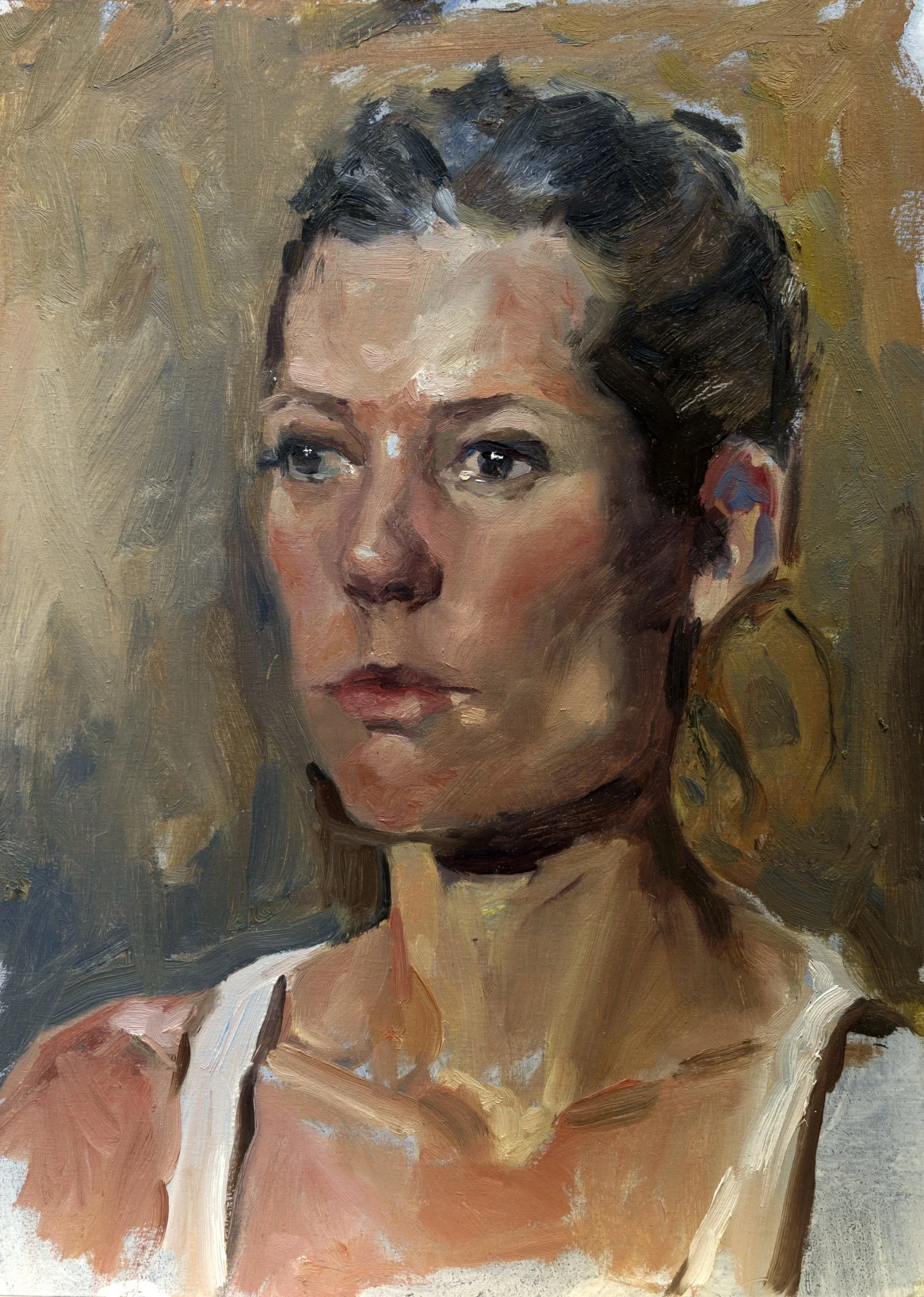 An oil painting of a woman with dark hair in an updo, wearing a white top, with a neutral background.