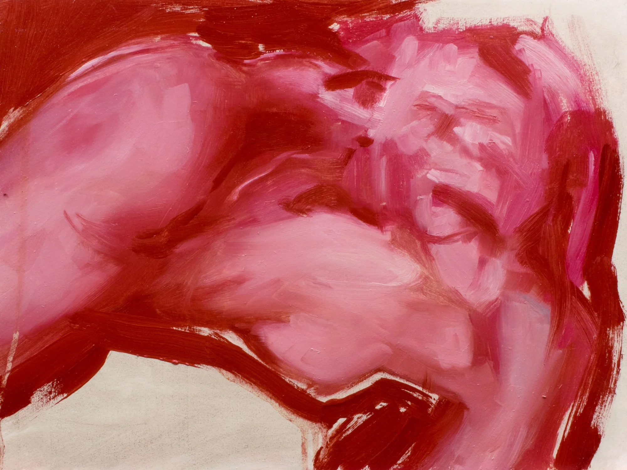 An abstract oil painting of a nude female figure featuring broad, sweeping strokes of pink, red, and white colors. The brushwork appears expressive and textured, creating a dynamic composition.