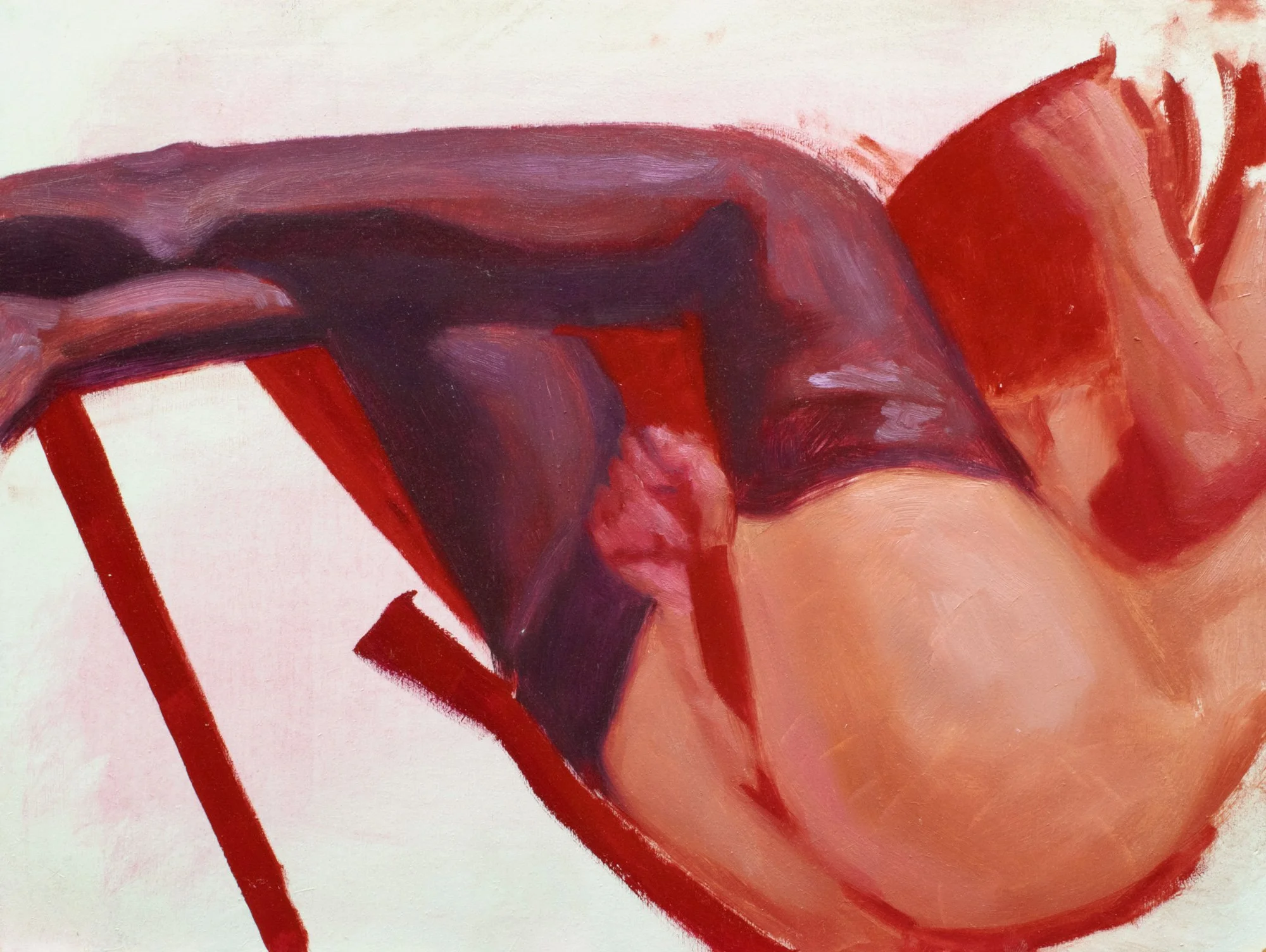 Oil painting of a curled nude figure, with stockings, and red tones against a light background.