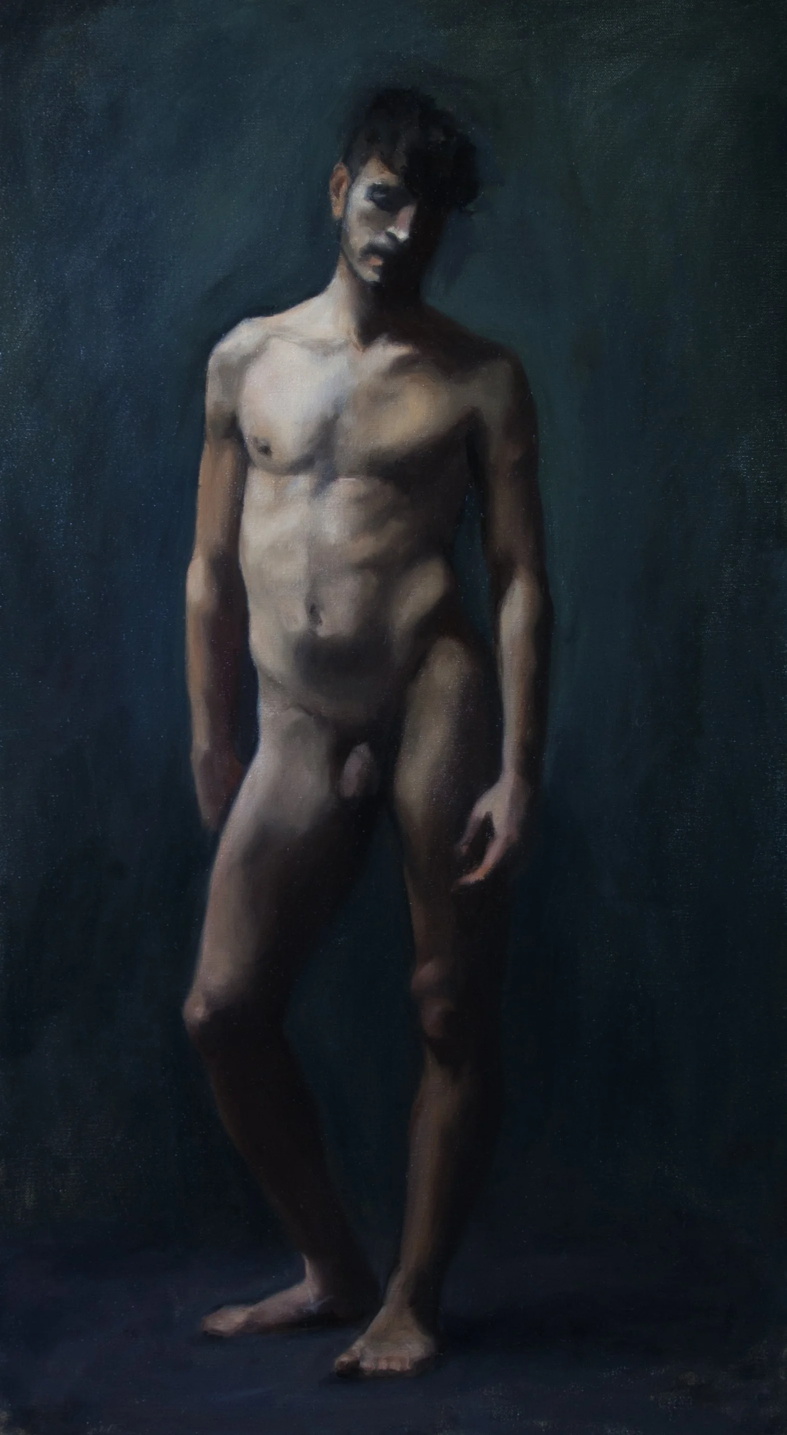A realistic oil painting of a nude man standing against a dark background, with one arm hanging loosely and his head slightly bowed.
