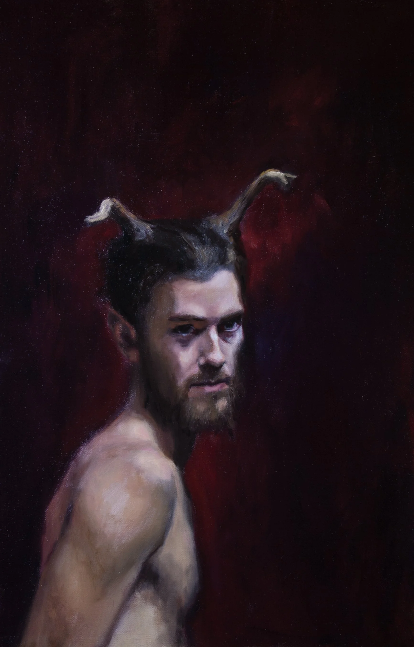 An oil painting of a shirtless man with horns on his head, dark hair, and a beard, looking over his shoulder against a dark red and black background.