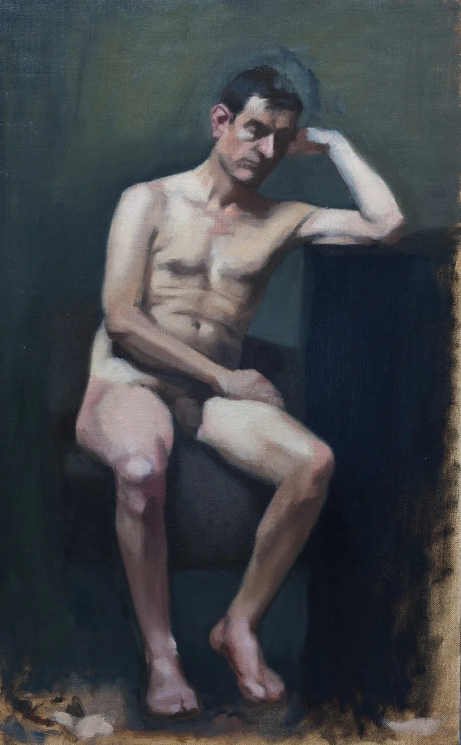 A realistic oil painting of a shirtless man sitting with his right arm resting on a dark surface, looking thoughtfully downward. The background is dark and muted.