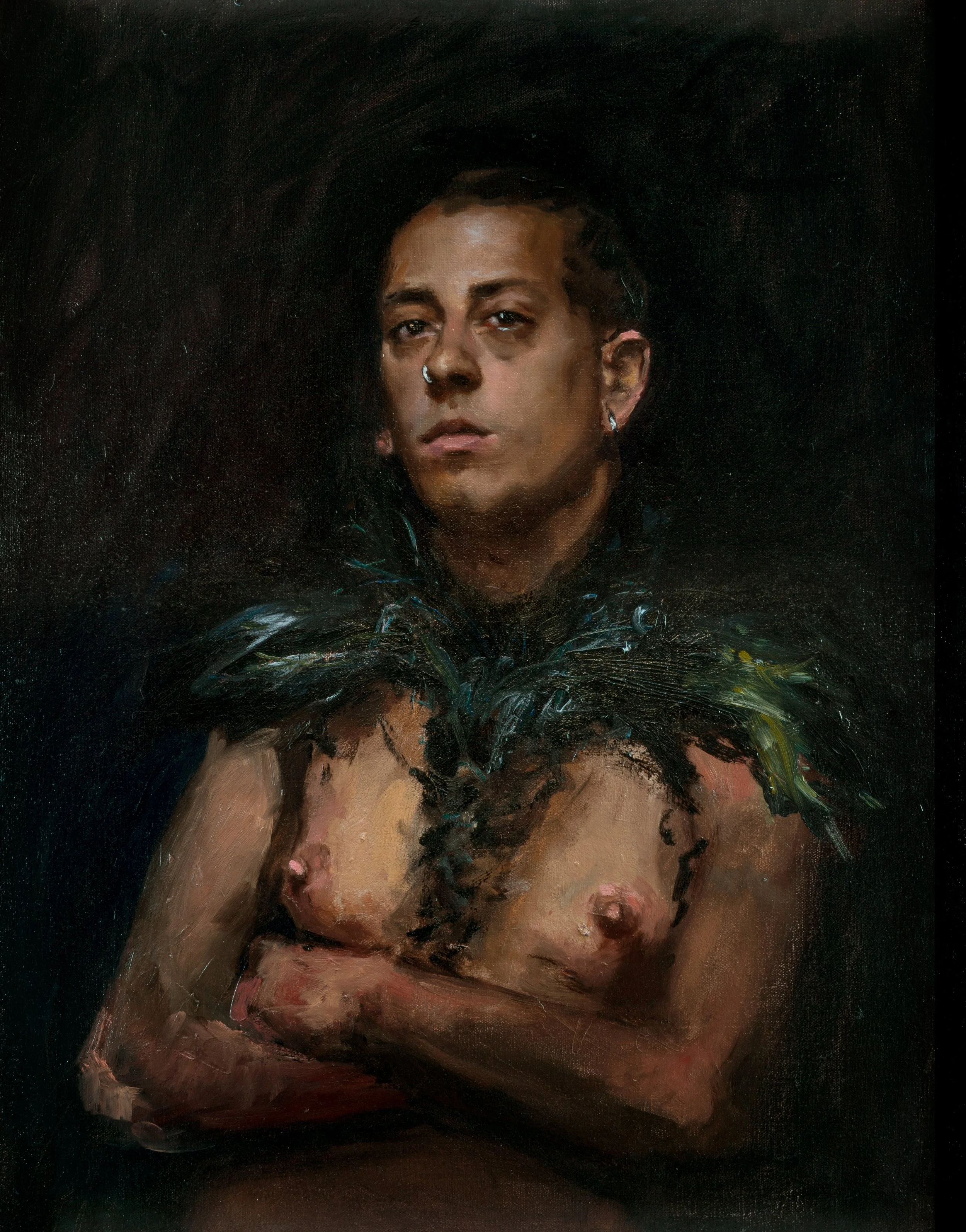 An oil painting of a man with dark hair, wearing and a black feather neck piece, with his arms crossed, set against a dark background.