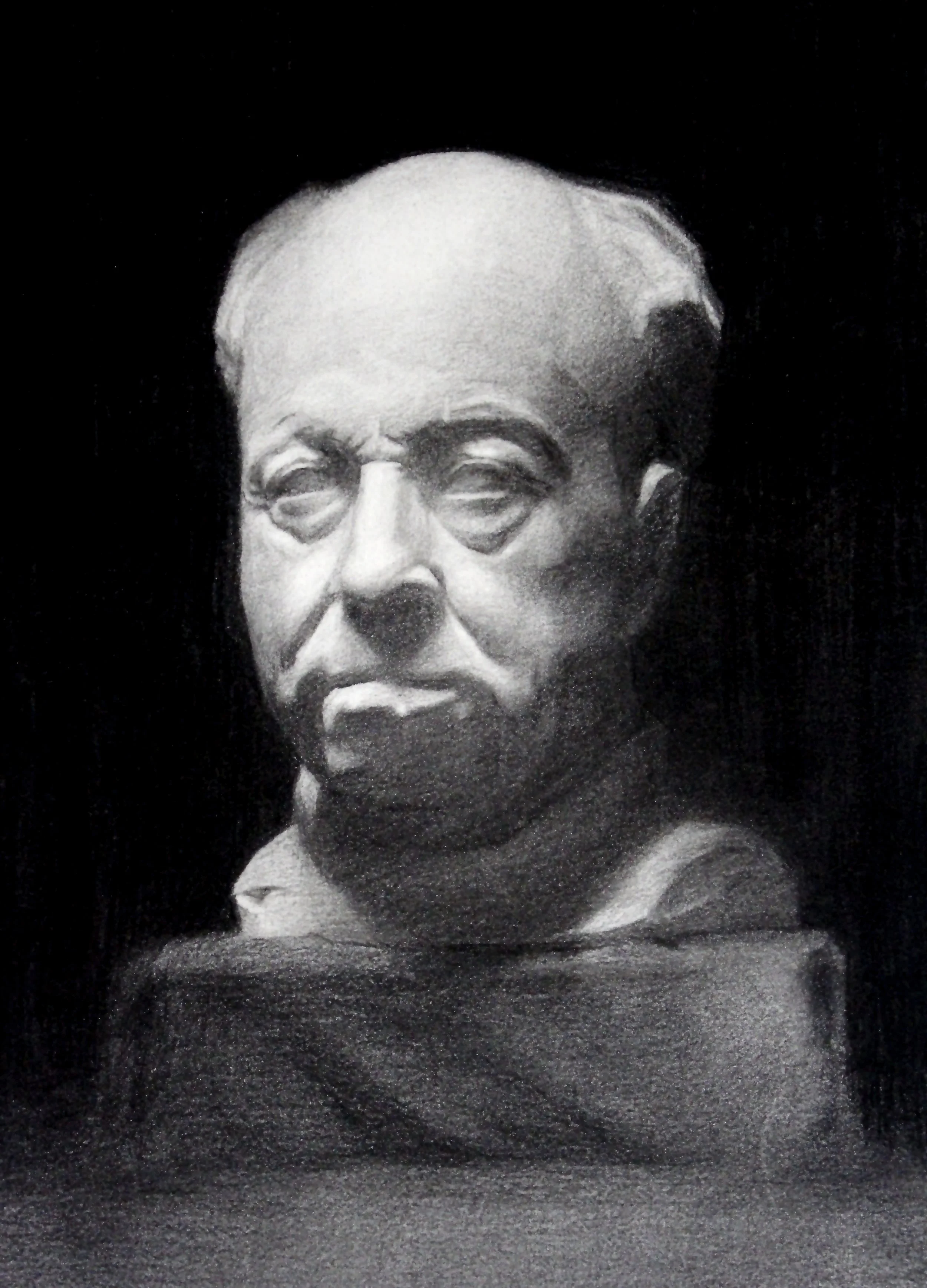 A black and white charcoal drawing of a male portrait cast with a serious expression, looking slightly to the side, with a dark background.