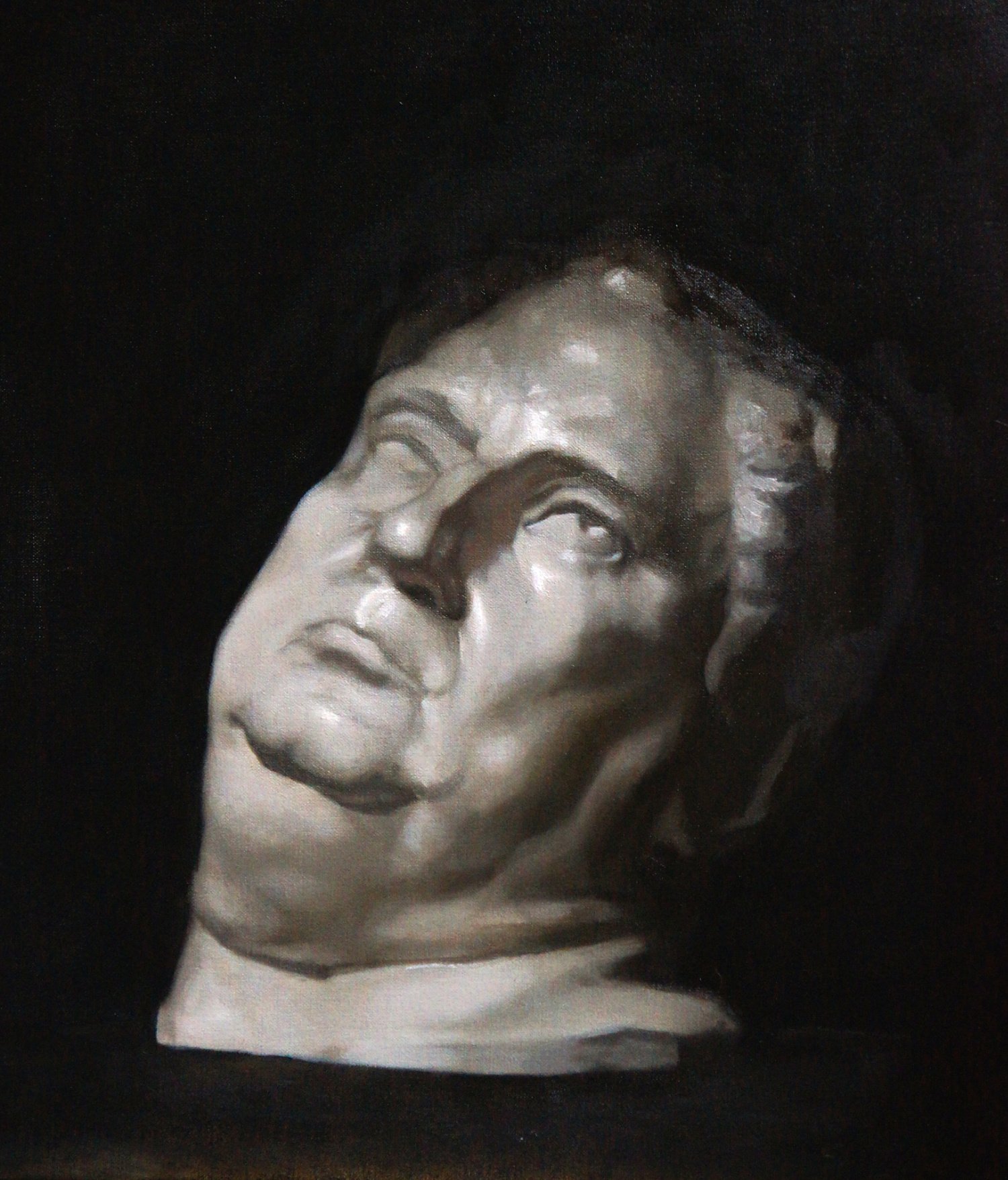 An oil painting of a plaster portrait cast of a fat man.