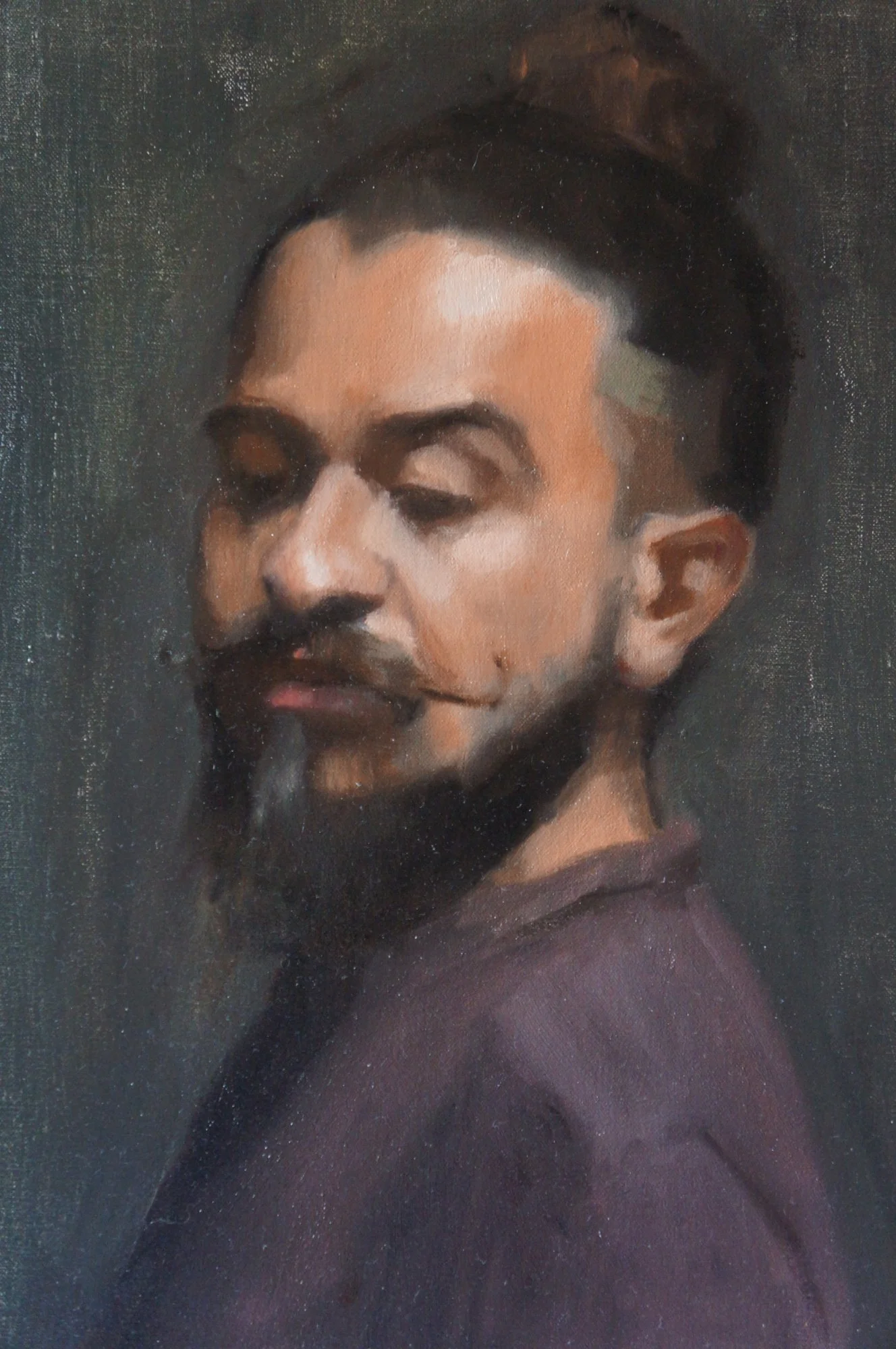 An oil portrait painting of a man with closed eyes, styled with a short beard, mustache, and a man bun, wearing a dark shirt.