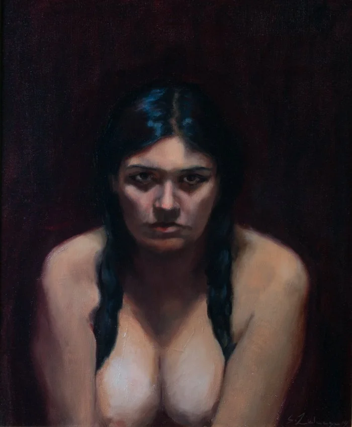 An oil painting of a young woman with long dark hair in braids, looking directly at the viewer with a serious expression, against a dark background.