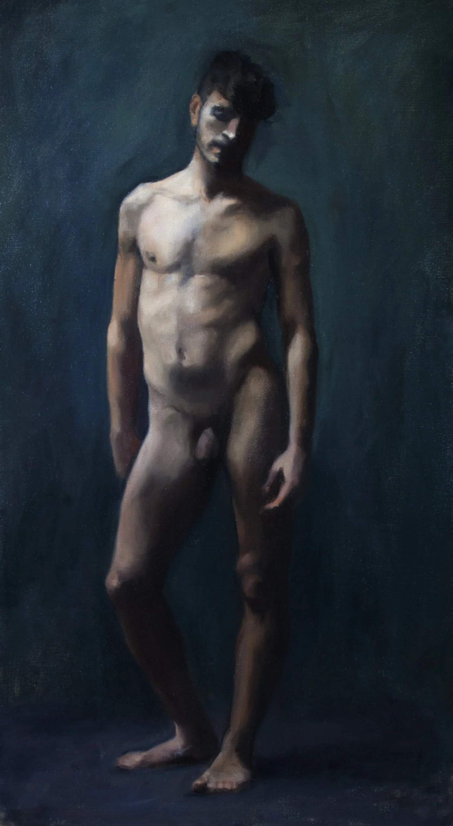 A realistic oil painting of a nude man standing against a dark background, with one arm hanging loosely and his head slightly bowed.