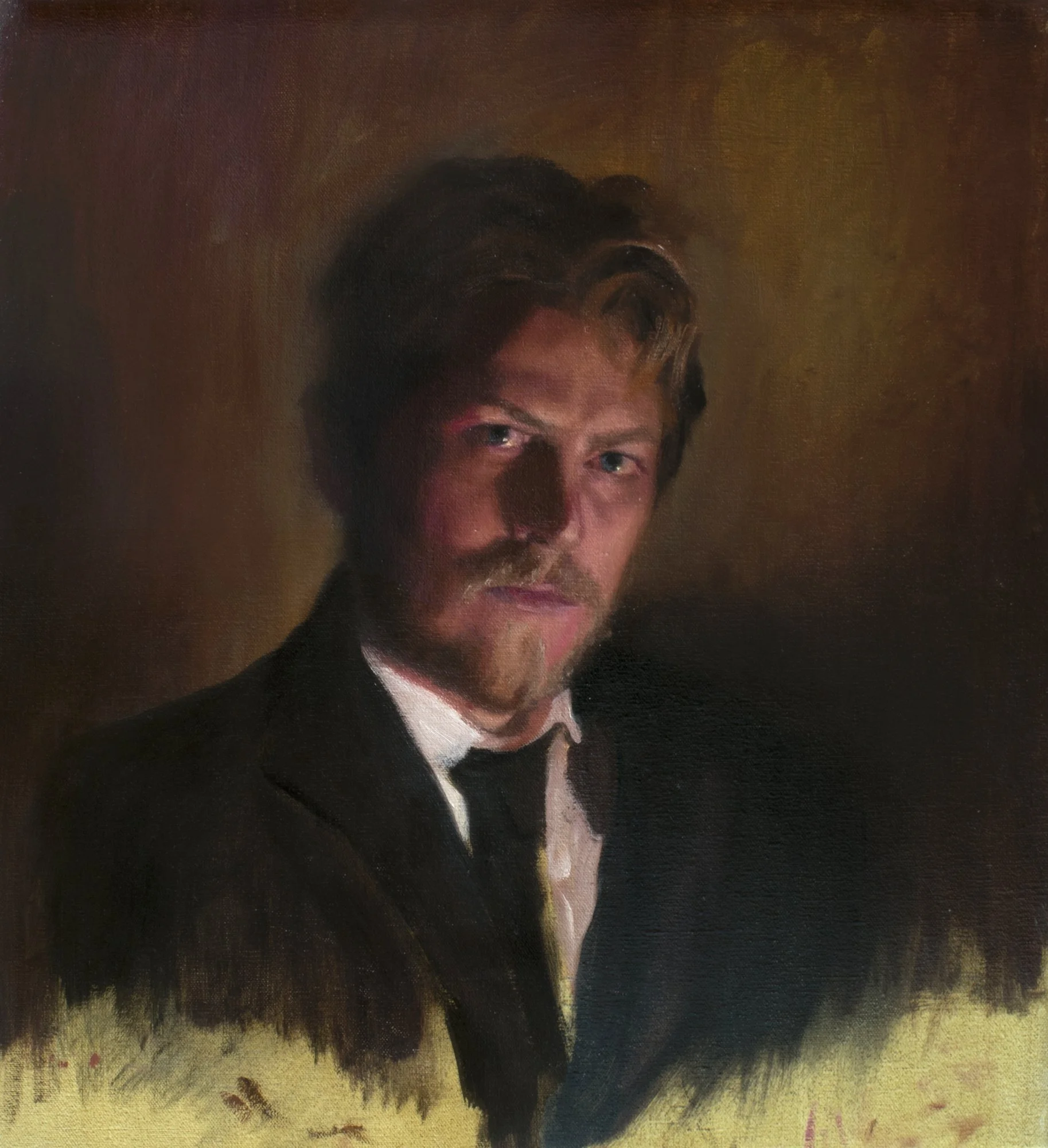 An oil portrait painting of a man with light skin, brown hair, and a beard, wearing a dark suit, white shirt, and black tie, with a dark brown background.