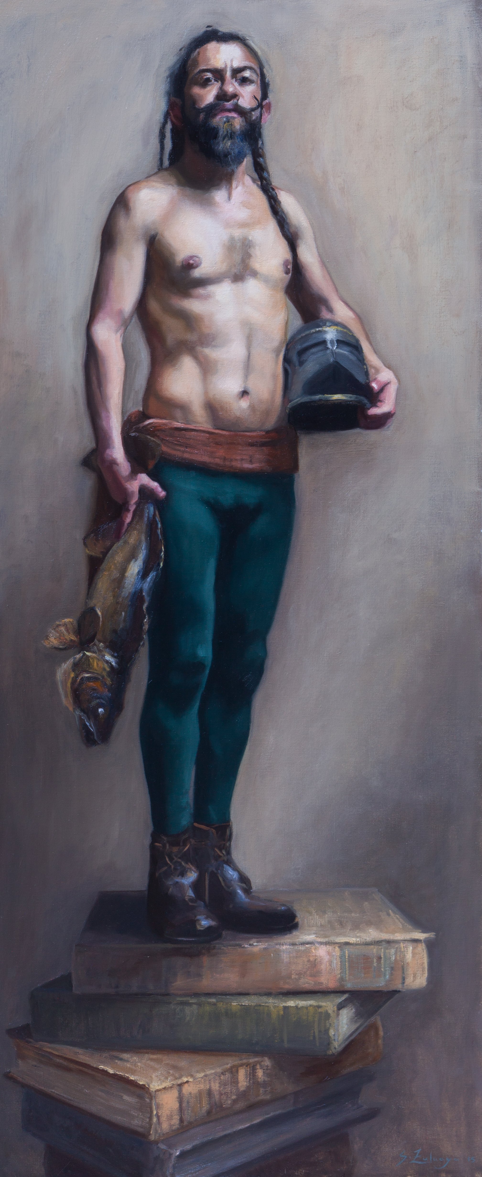 An oil painting of a shirtless man with a beard and long dark hair, holding a large fish in his right hand, a black helmet in his left hand, standing on a stack of old books.