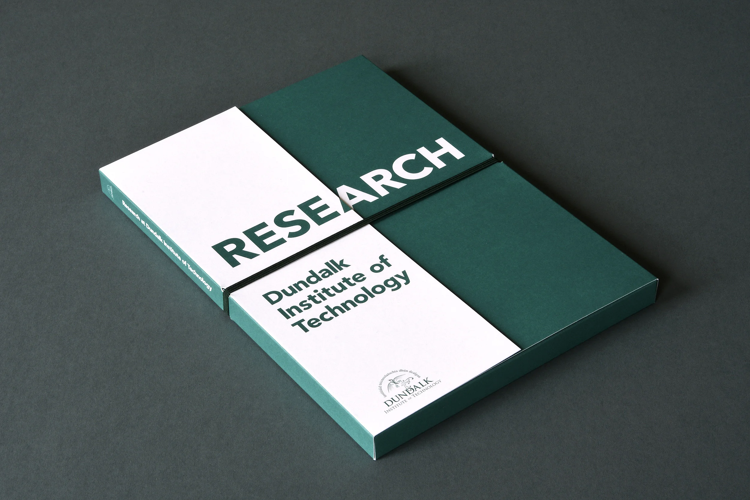 Bespoke conference folder for the Dundalk Institute of Technology (DkIT) Research Department, intended to house the wide variety of printed material which we designed at Grandson .