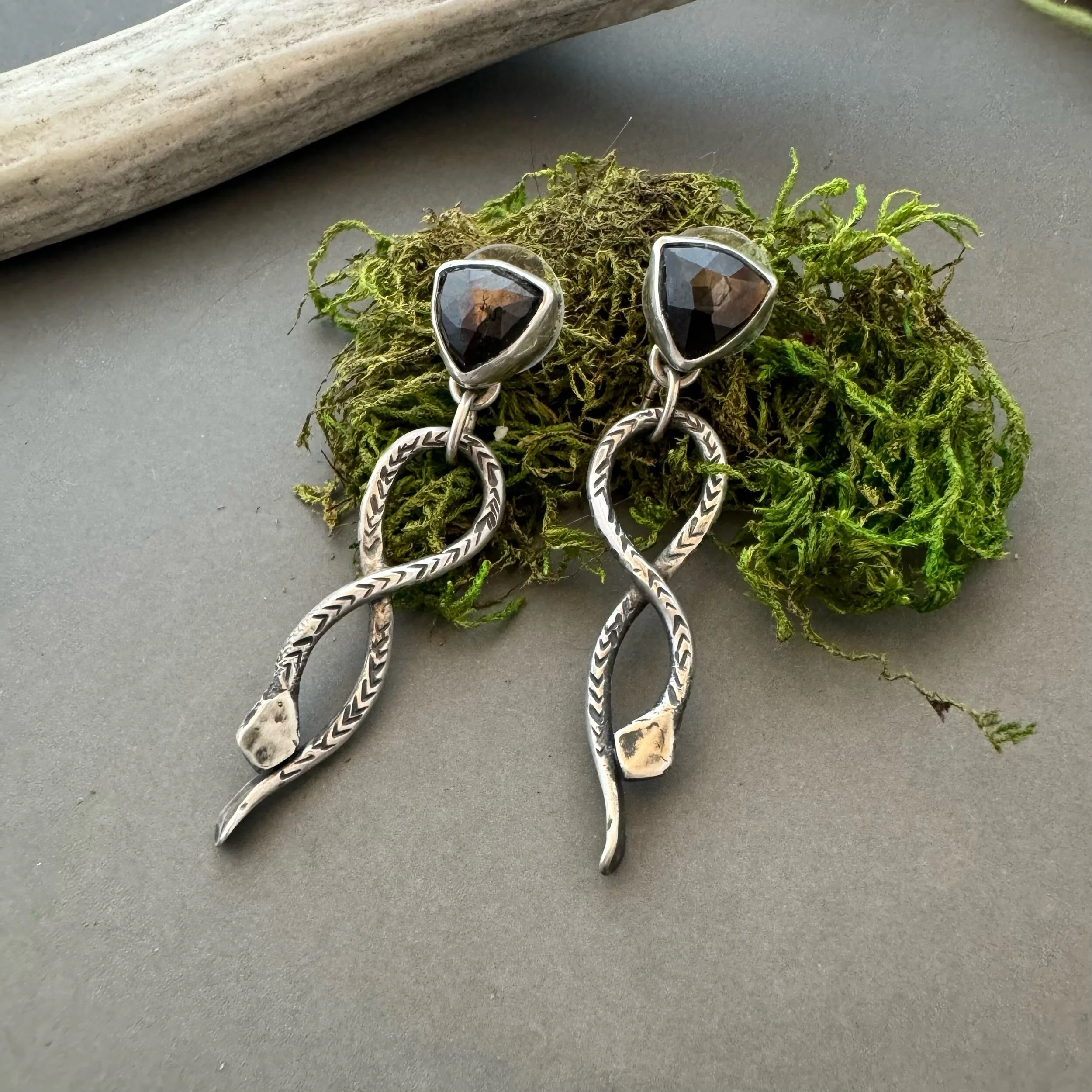 artisan snake earrings with sterling silver and sapphire