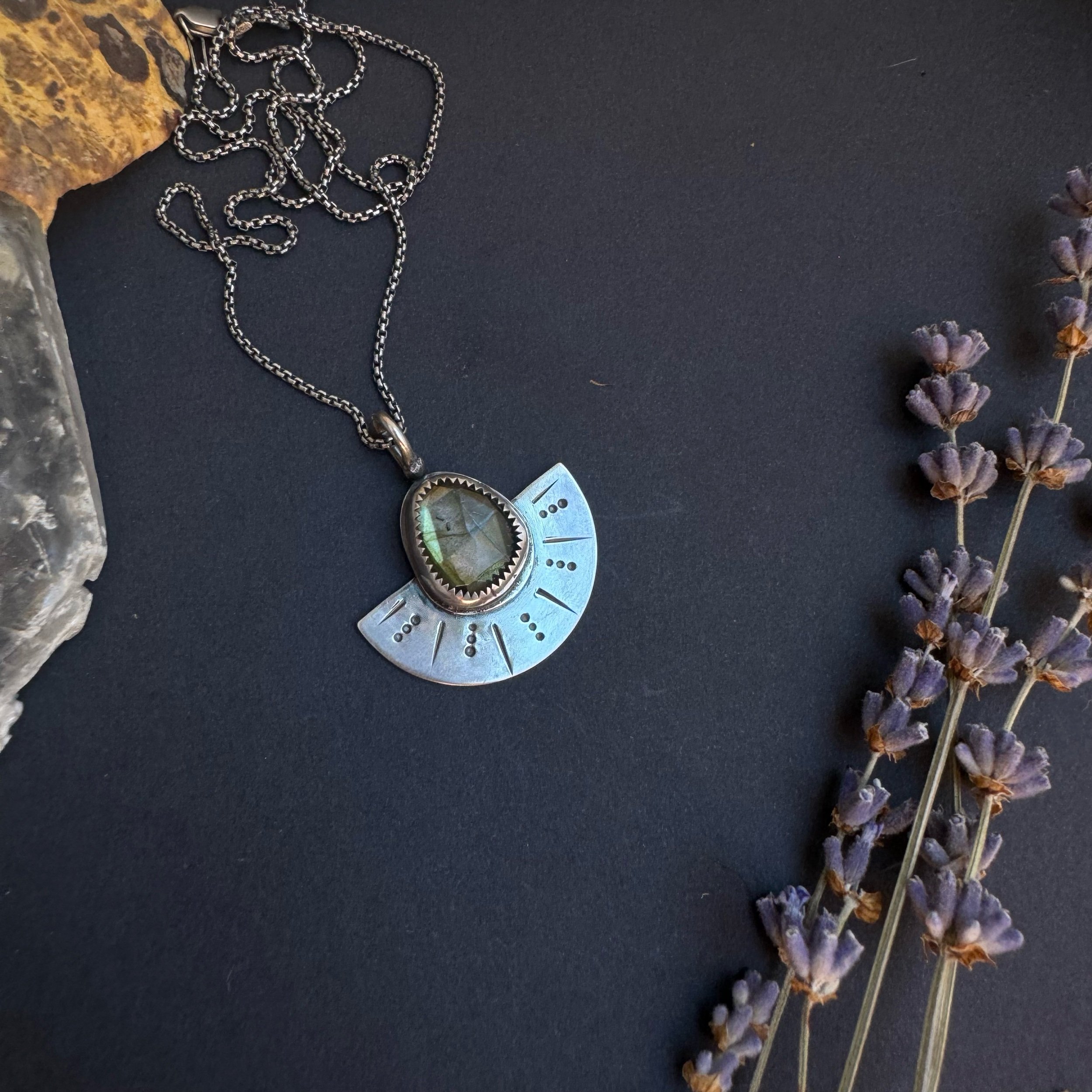 handmade in montana labradorite half moon necklace in sterling silver