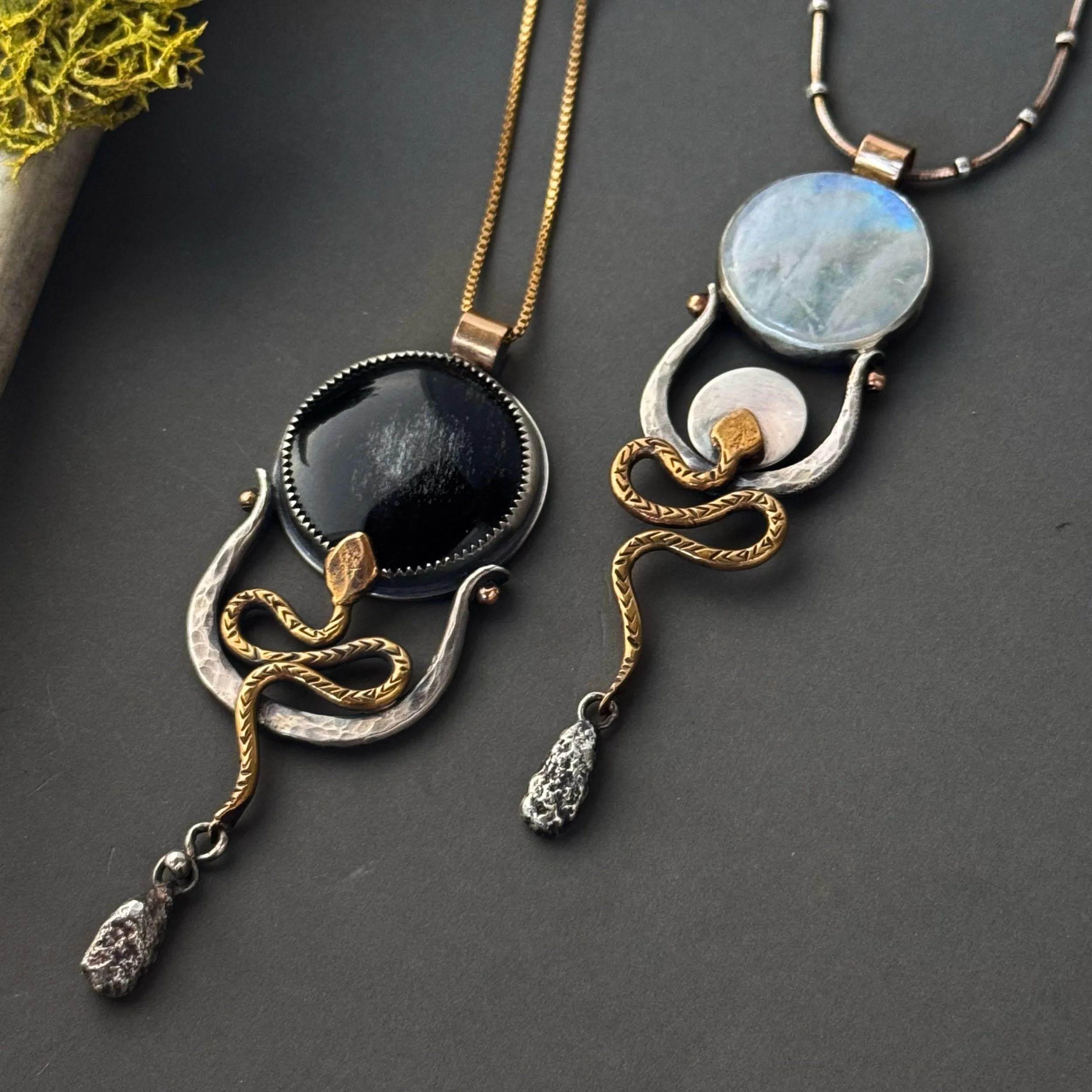 Hand fabricated serpent and the moon talisman necklaces with silver sheen obsidian and Moonstone