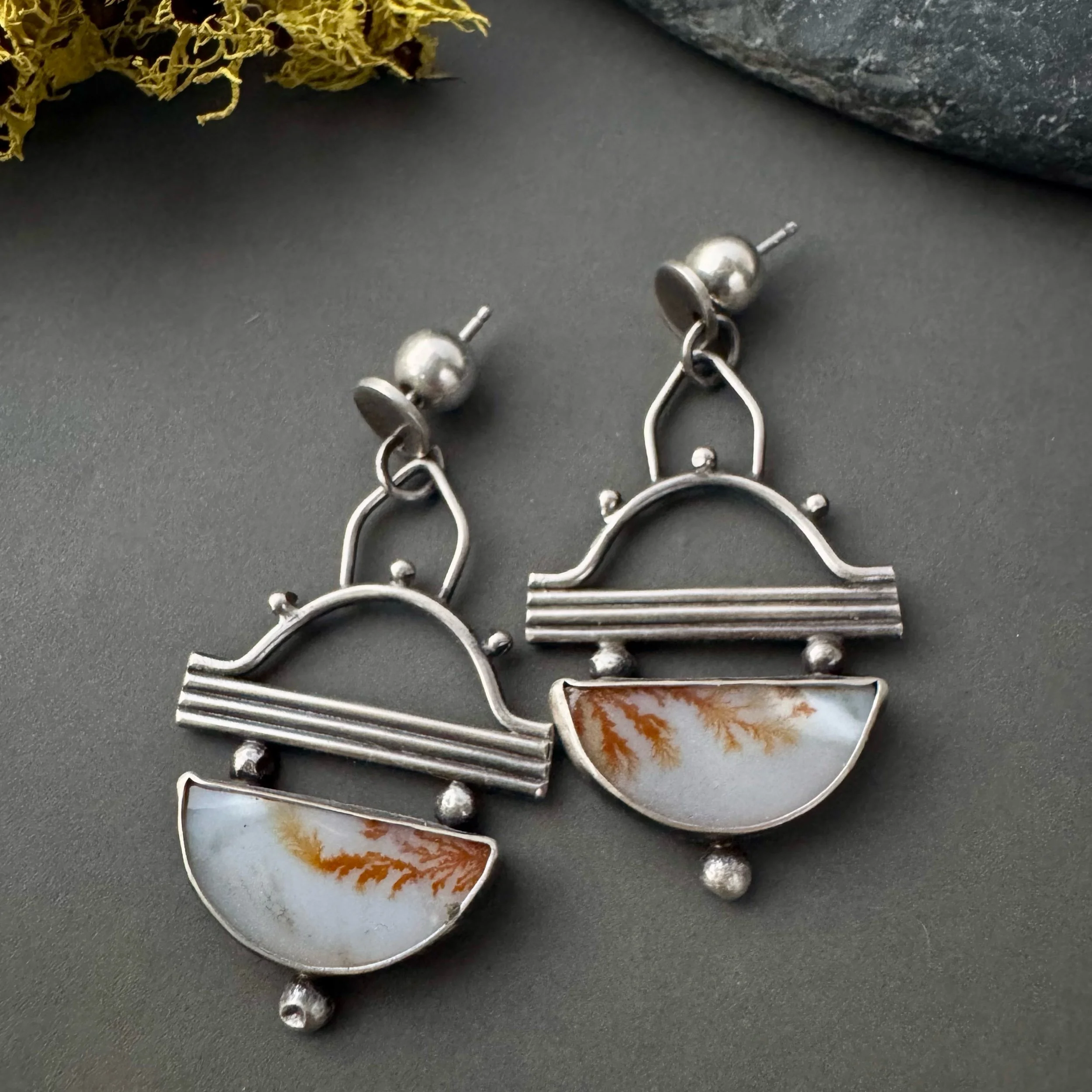 handcrafted gaia earrings in sterling silver and dendritic agate stone for honoring the earth mother