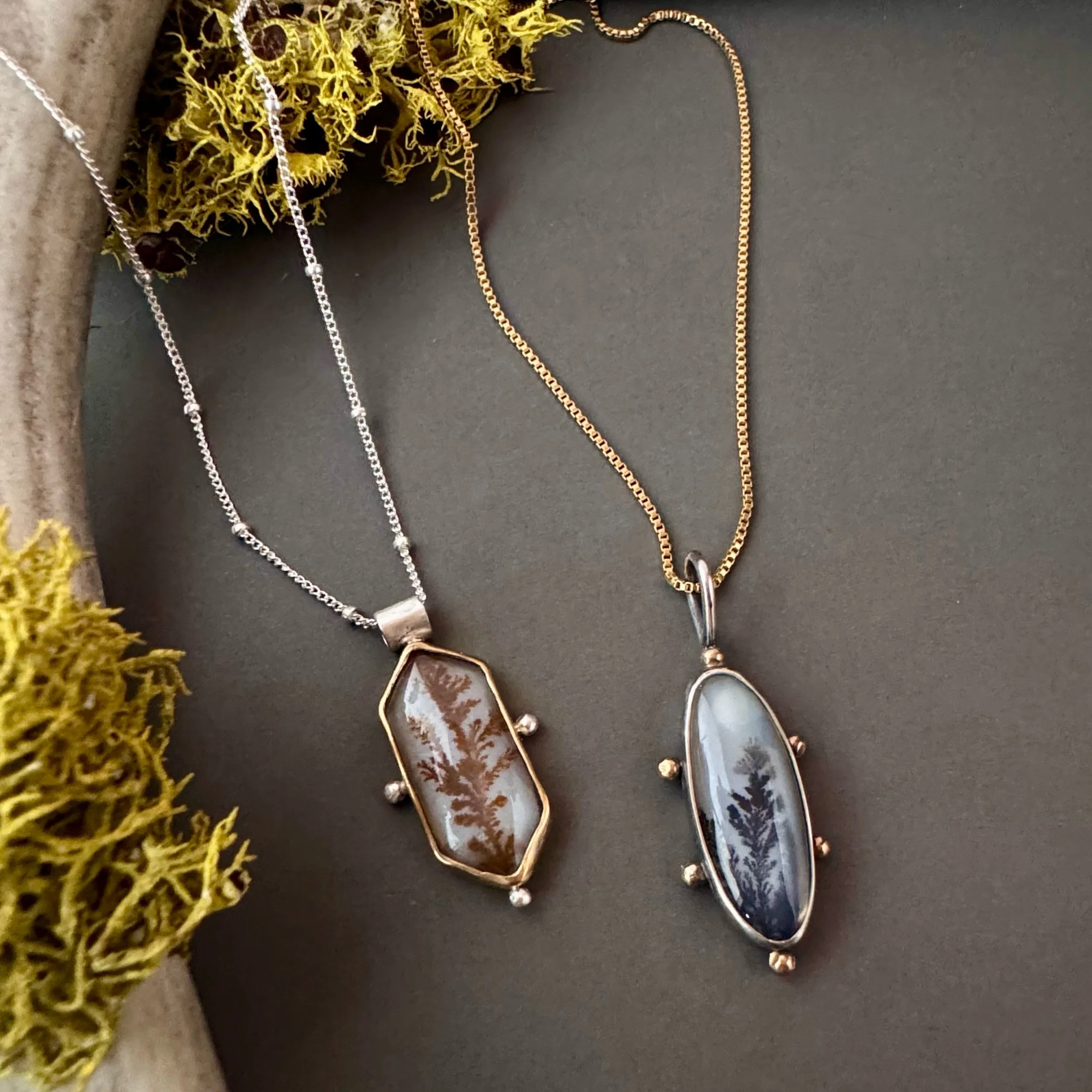 handcrafted dendritic agate necklaces with silver and gold