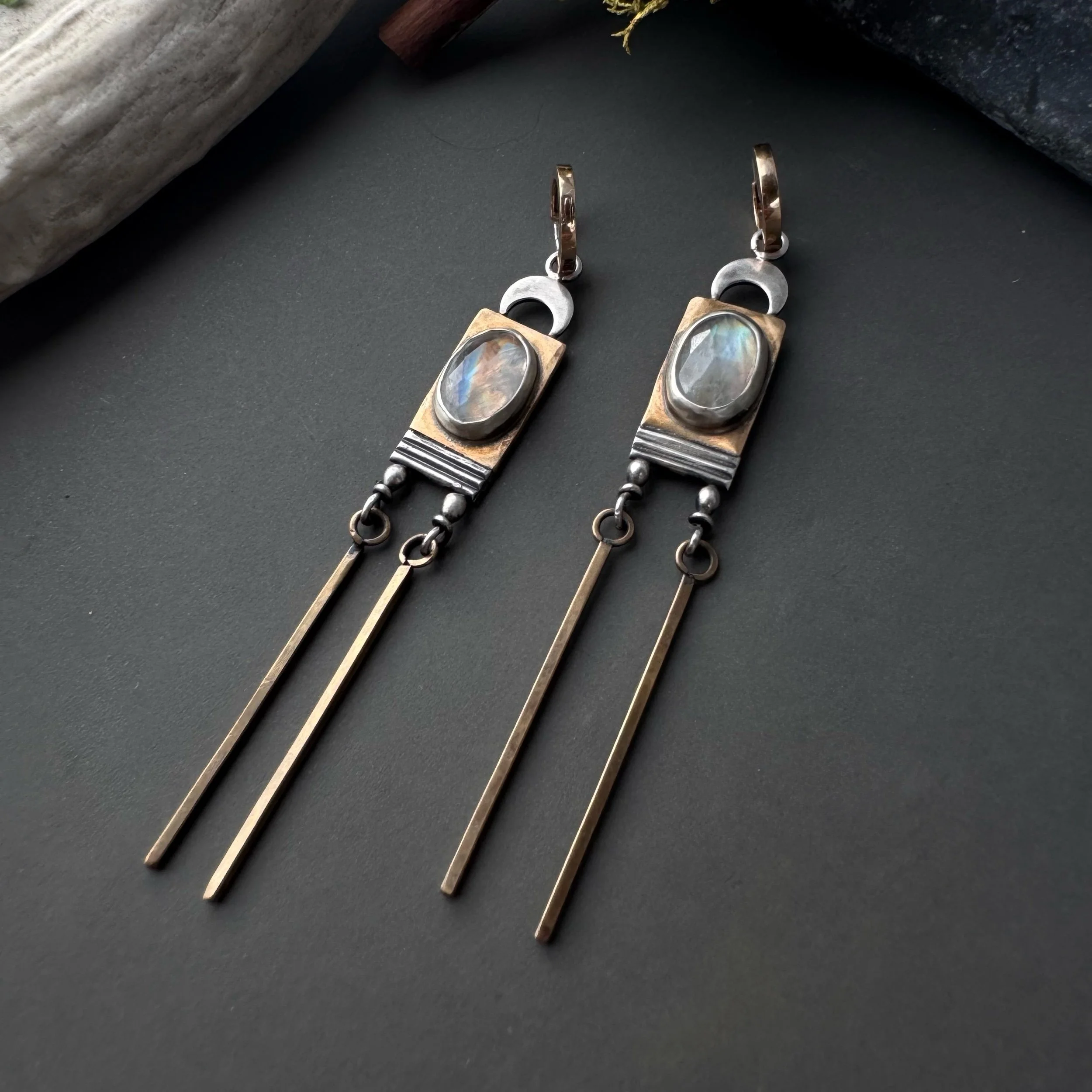 Handcrafted long moonstone and crescent earrings to honor the sacred feminine and cycles of the moon