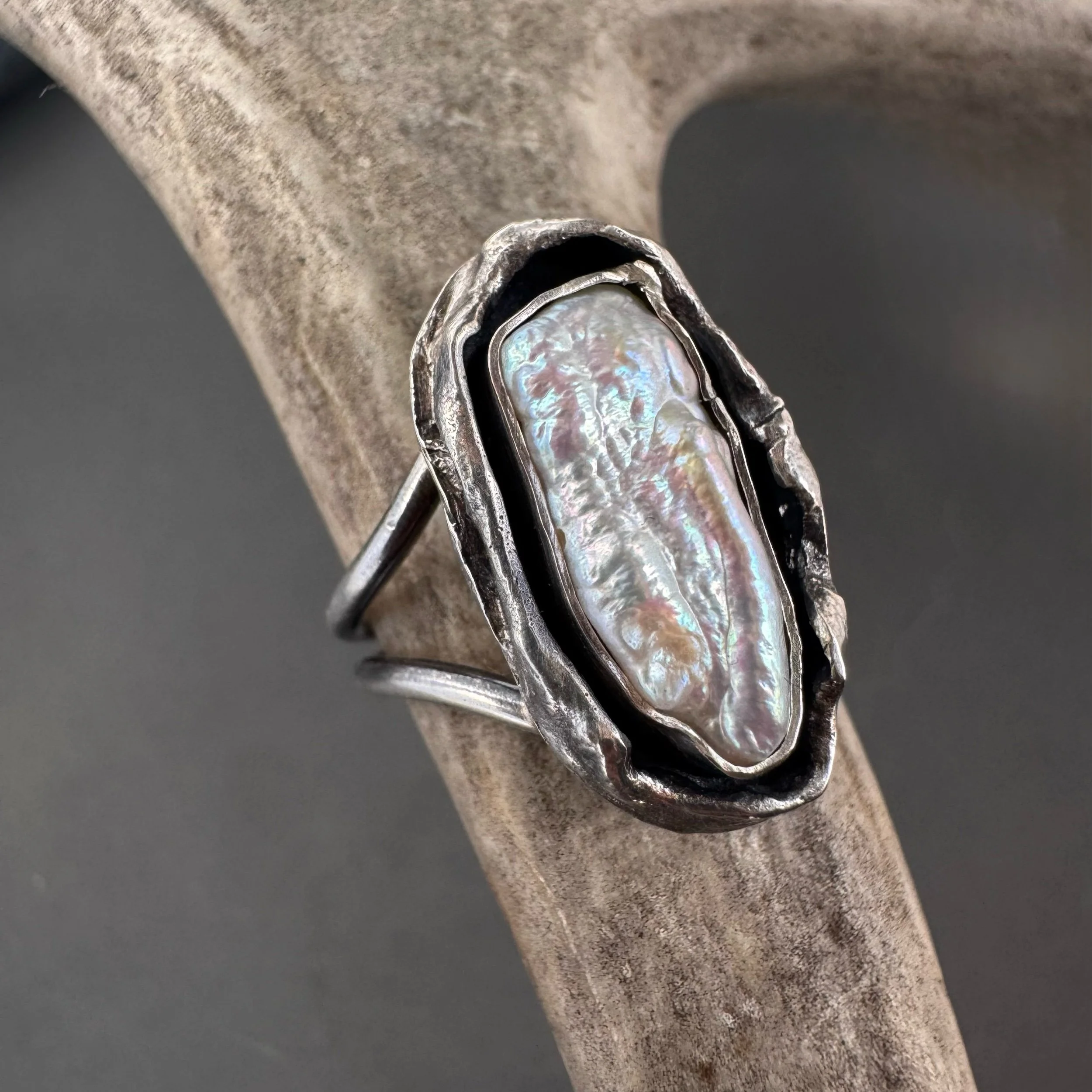 Handfabricated sterling silver and Biwa Pearl ring symbolizing the cave as the womb of the earth